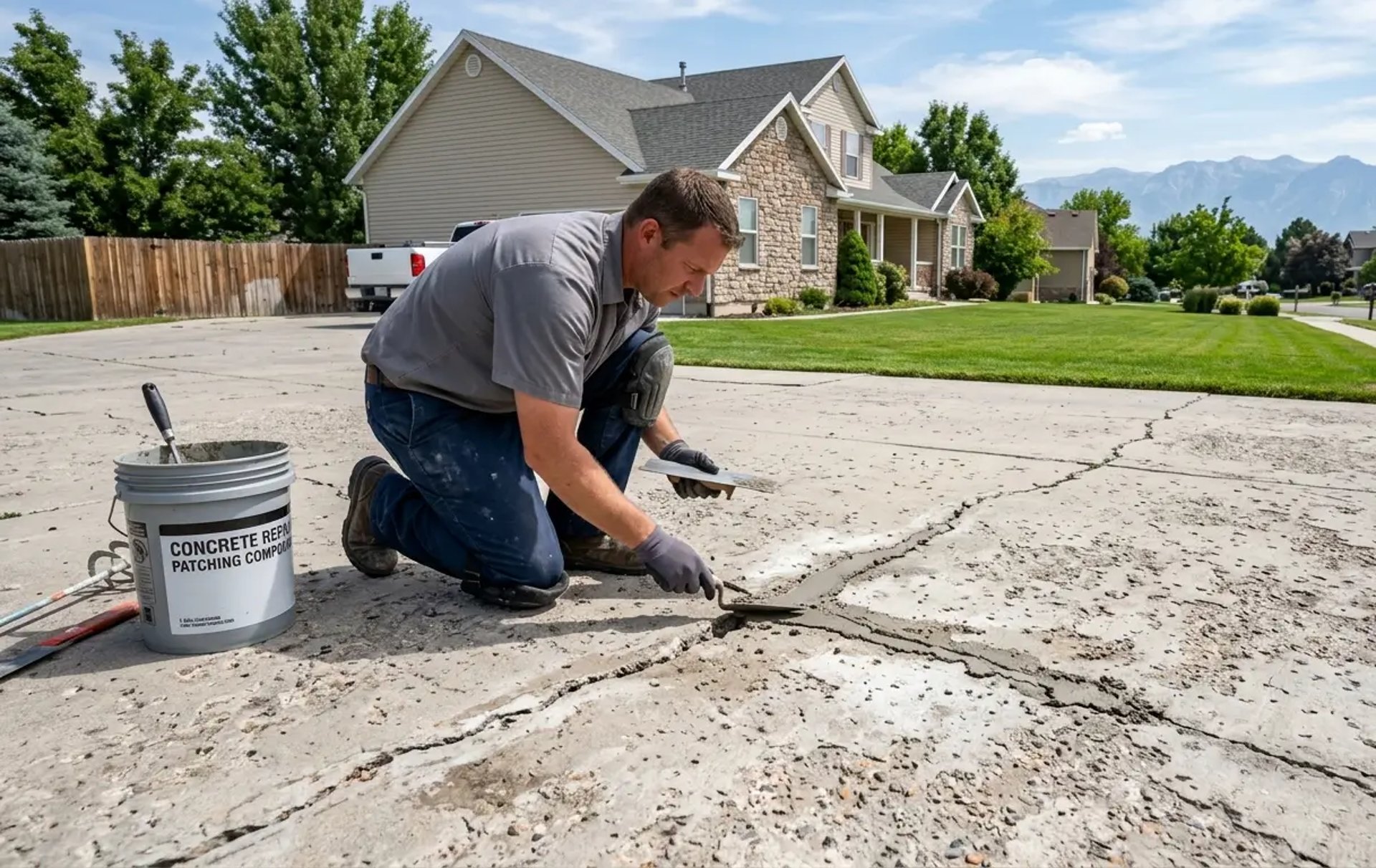 Professional concrete repair work being performed on a damaged driveway surface in Lehi Utah