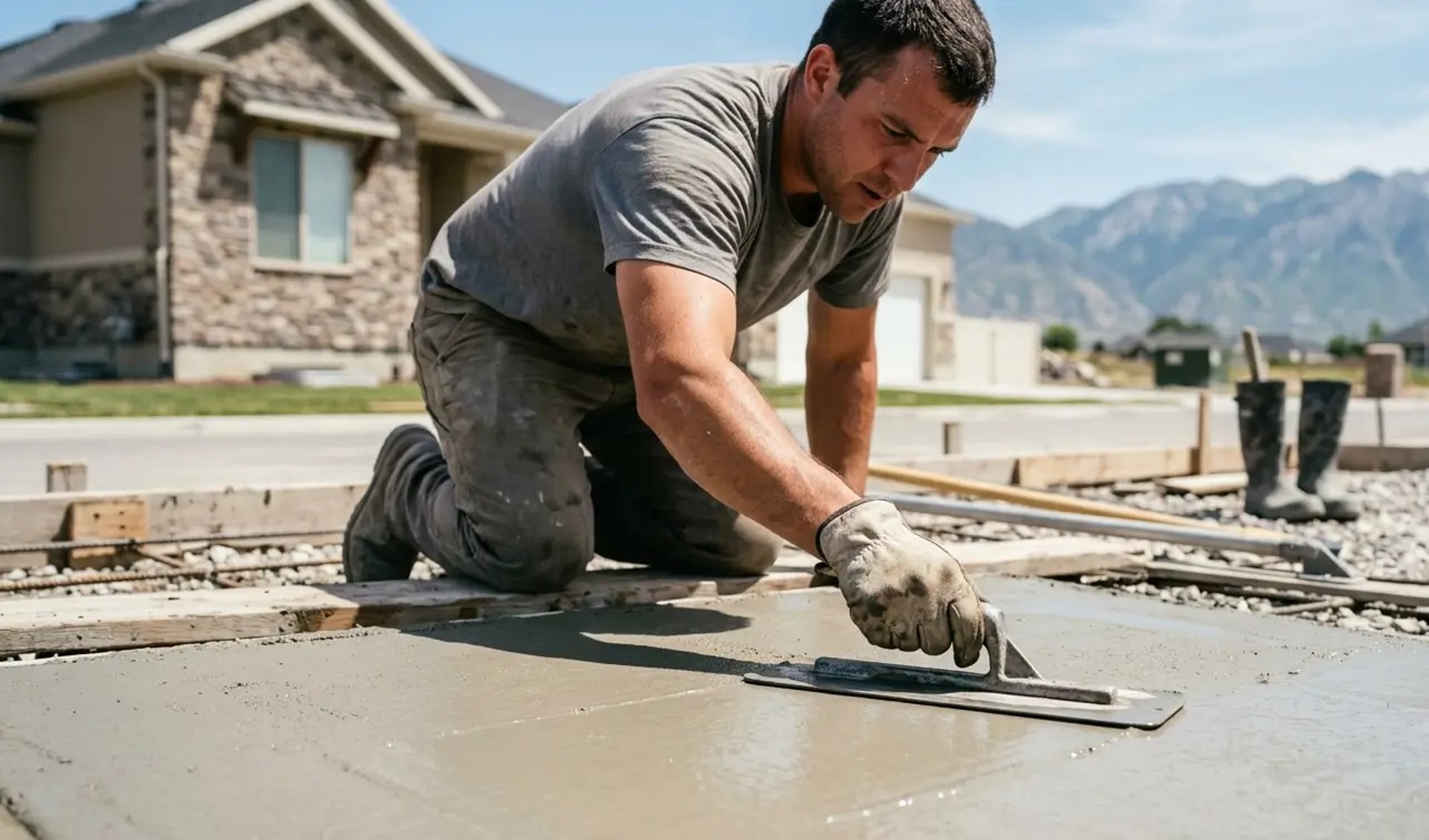 Lehi Utah concrete contractor finishing a freshly poured concrete surface with a steel trowel at a residential job site