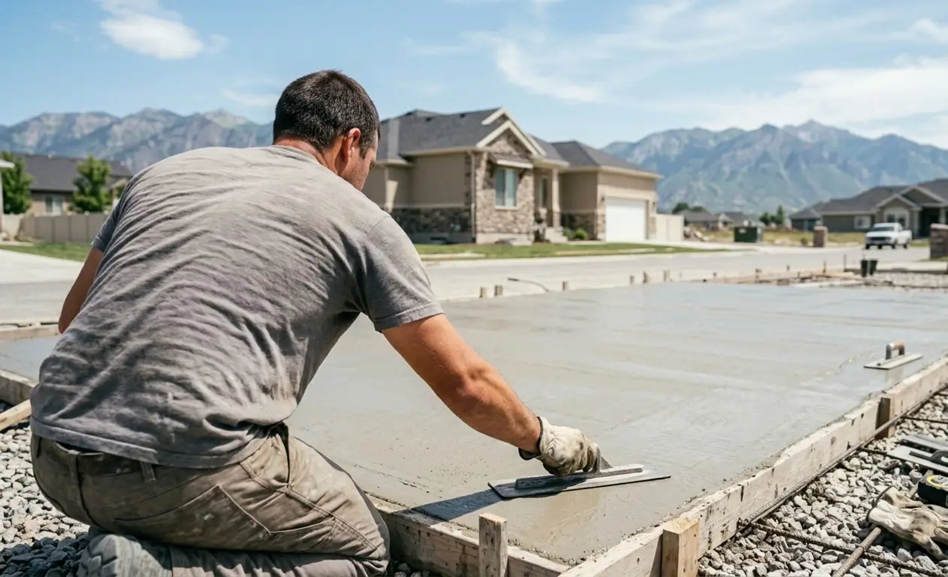 Concrete contractor finishing a freshly poured concrete slab at a residential property in Lehi Utah