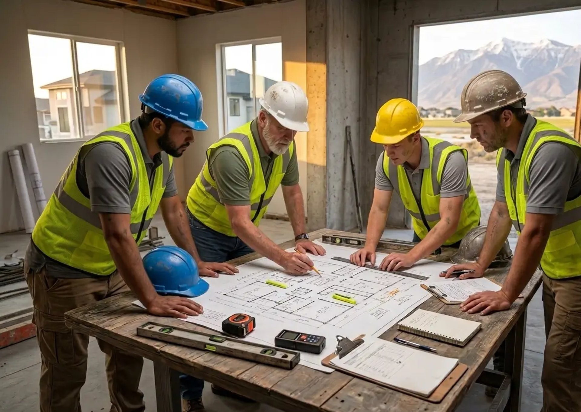 Concrete workers reviewing a floor plan before working on residential concrete project in Lehi, UT