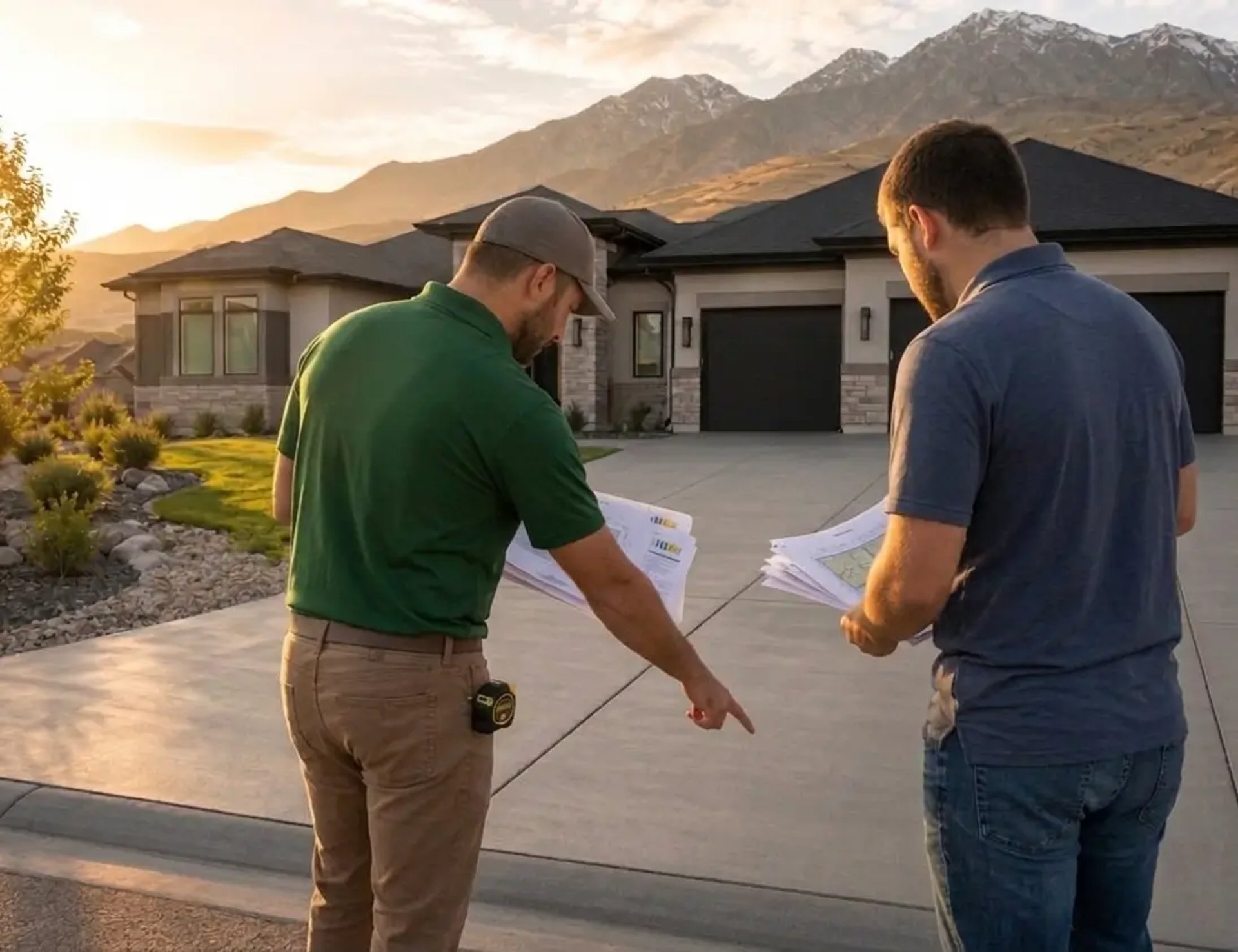 Concrete contractor showing a new concrete driveway to the homeowner in Lehi, UT