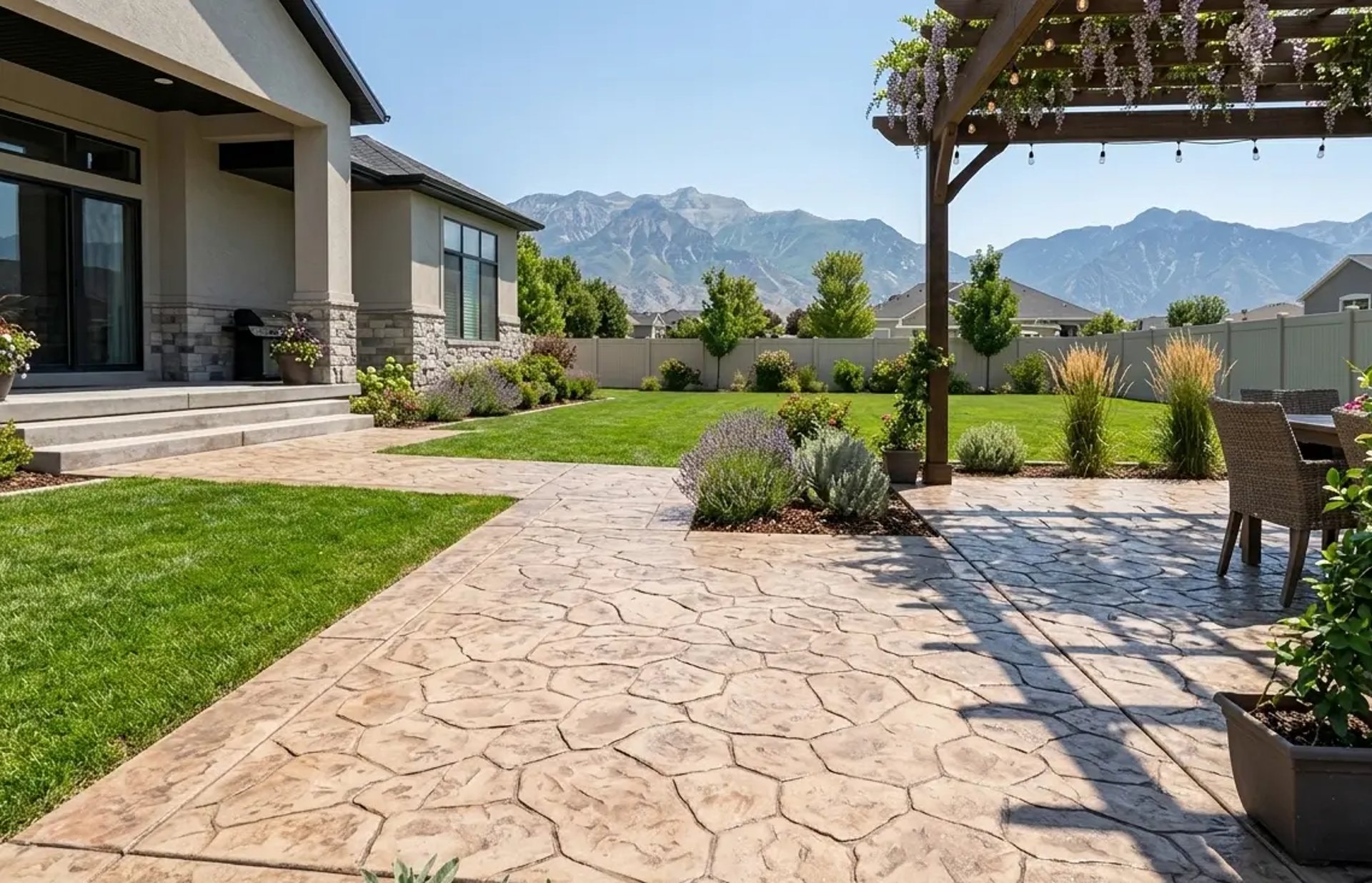 decorative stamped concrete patio in Lehi, UT home