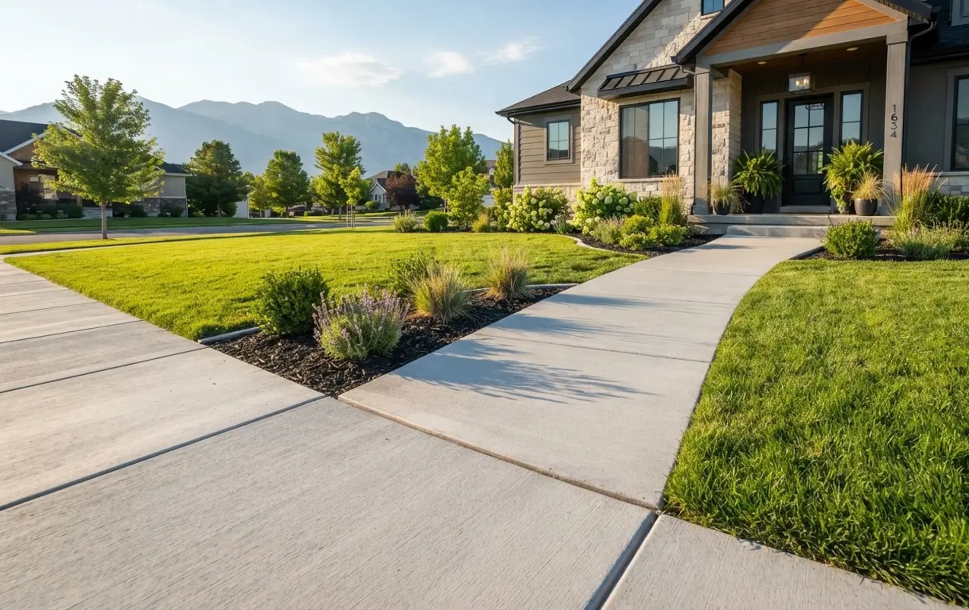 New concrete sidewalk and front walkway installation at a suburban home in Lehi Utah with clean broom finish