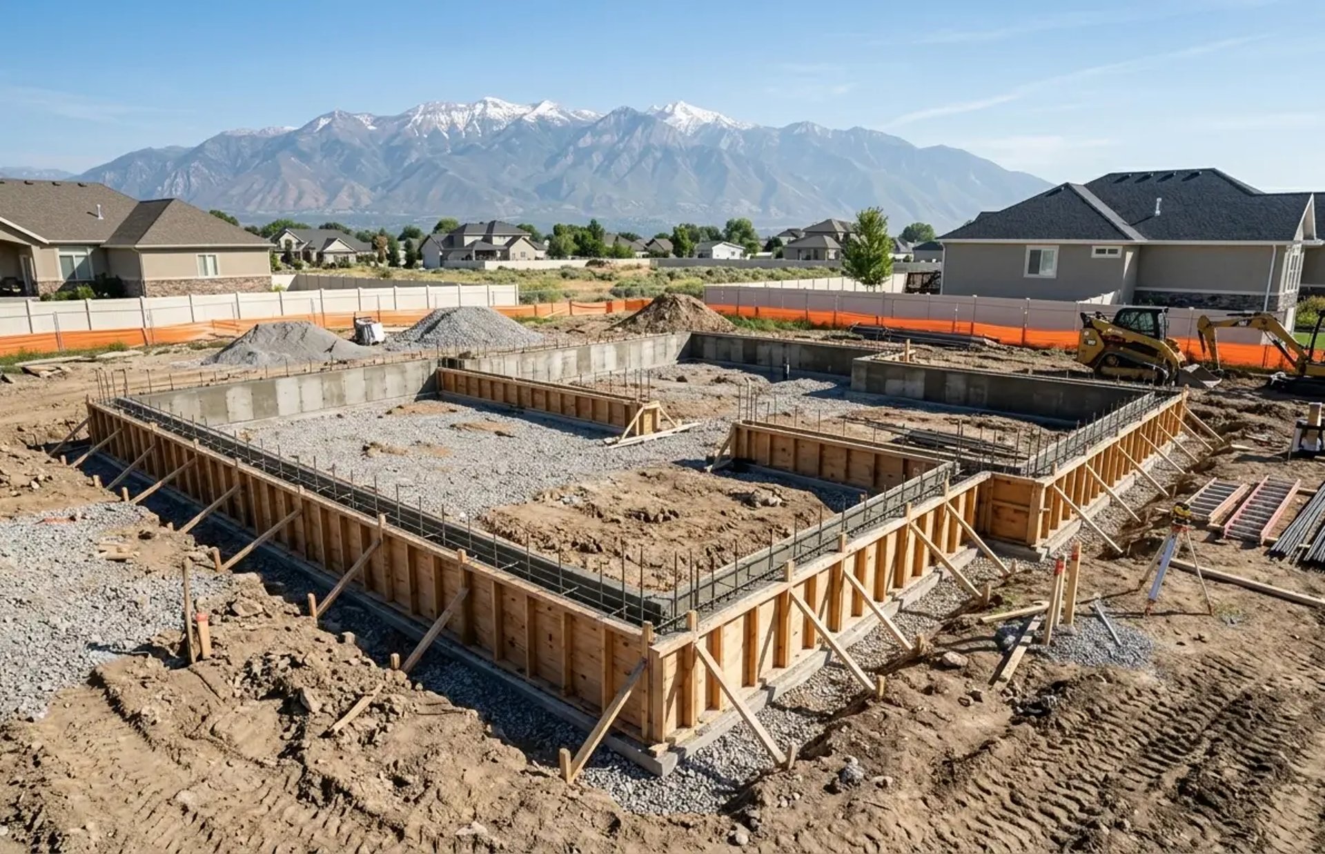 Residential concrete foundation with wooden forms and rebar reinforcement under construction at a job site in Lehi Utah