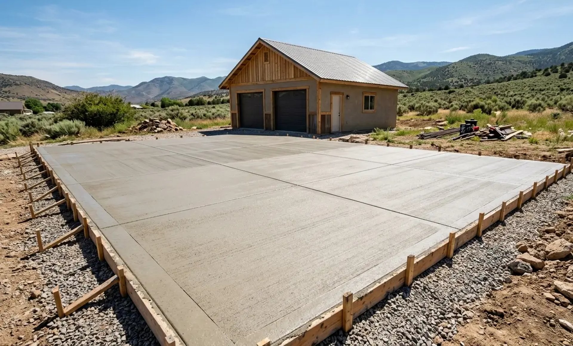 Freshly poured concrete garage slab with smooth broom finish and clean edges at a residential property in Lehi Utah