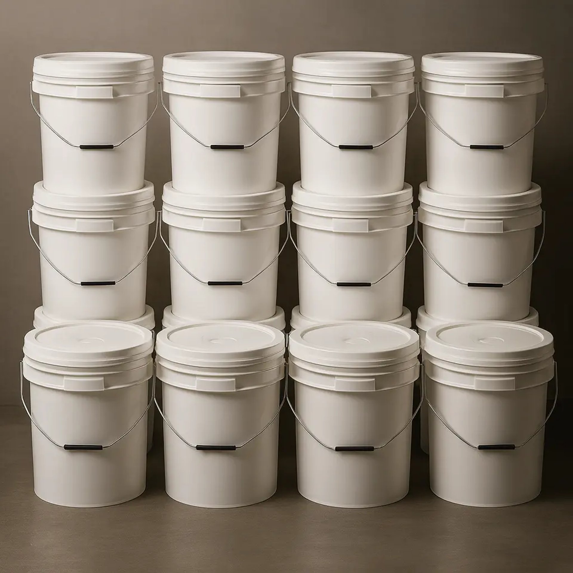 a group of white containers with blue and yellow labels