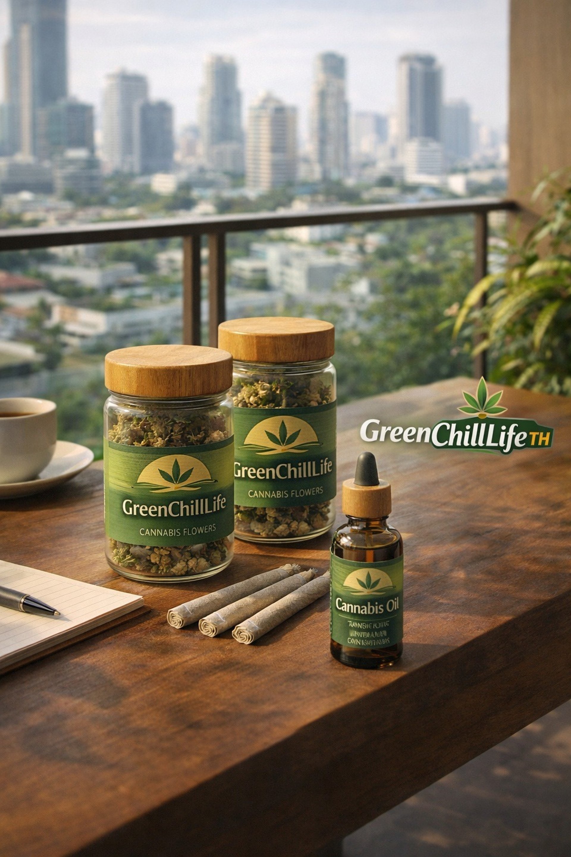 GreenChillLifeTH banner showing cannabis plant and Thai landscape symbolizing legal cannabis products and delivery in Thailan