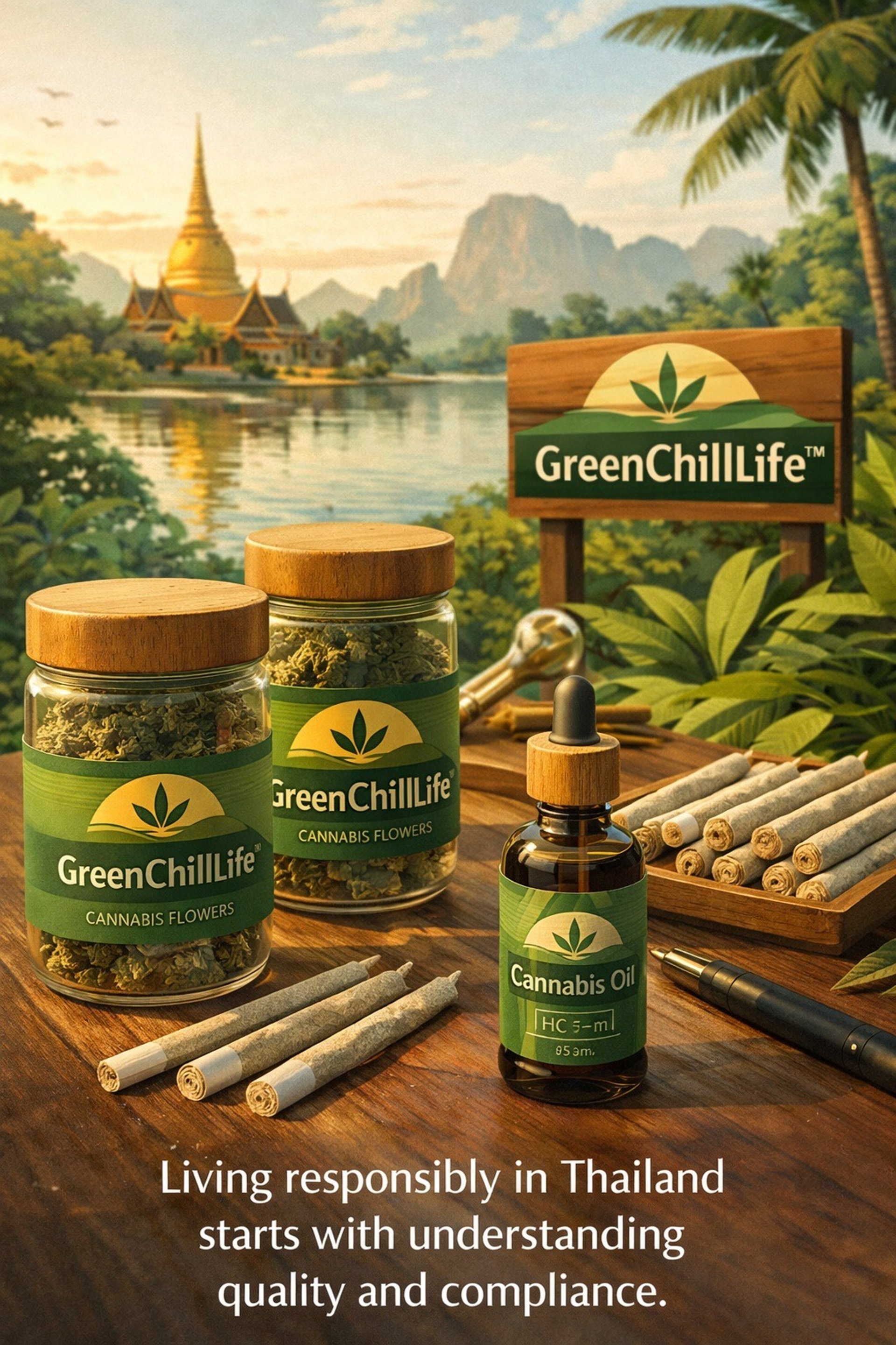 GreenChillLifeTH banner showing cannabis plant and Thai landscape symbolizing legal cannabis products and delivery in Thailan