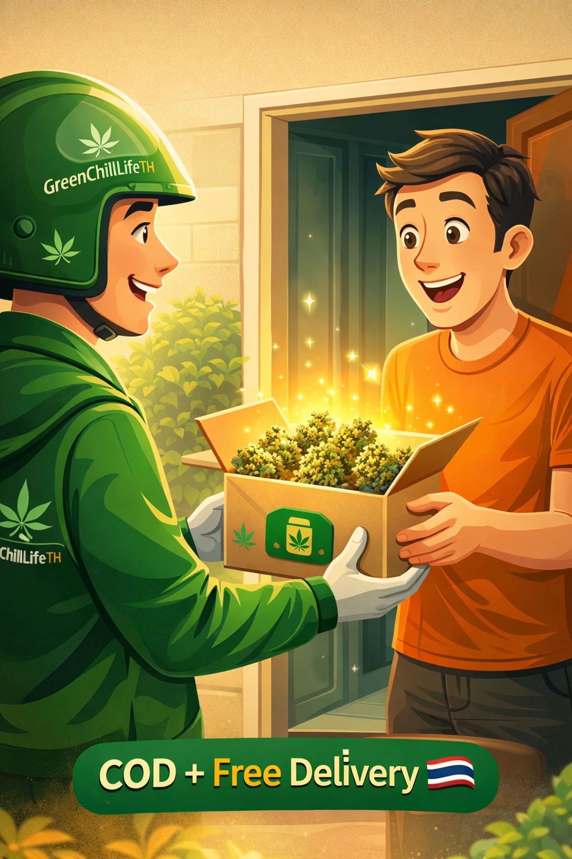 Discreet cannabis delivery in Thailand arriving at modern apartment, representing service for travelers and expats in Bangkok