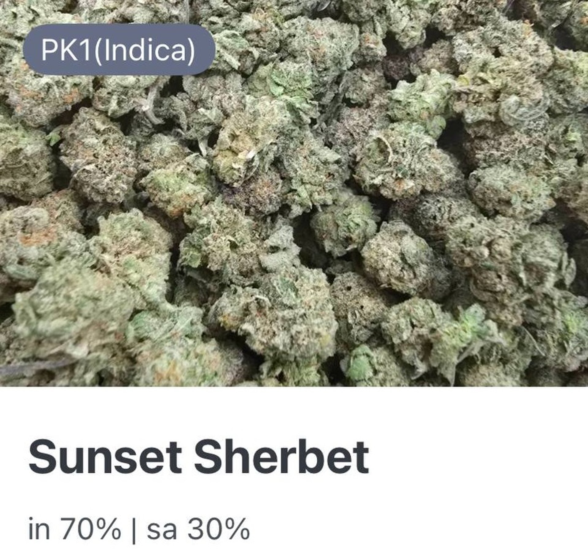 Sunset Sherbet cannabis flower with 70% indica and 30% sativa genetics (PK1), presented for adults aged 20+ in Thailand only.
