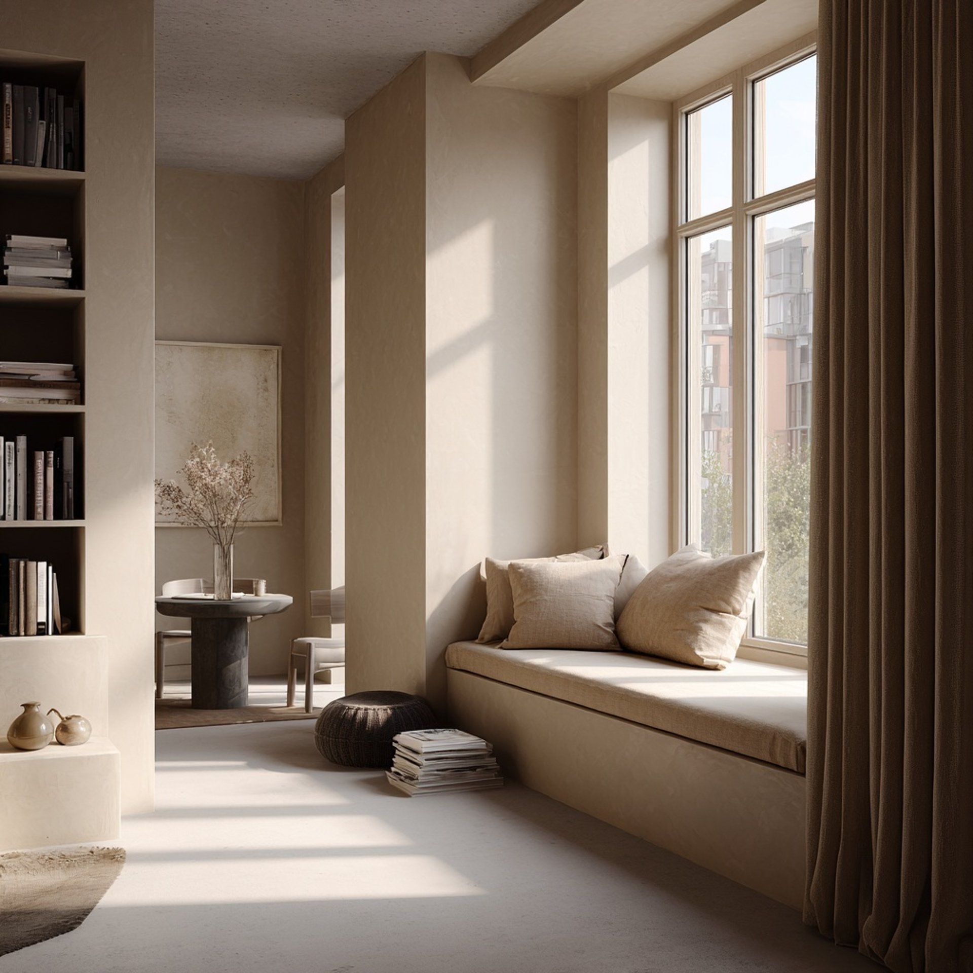 a living room filled with furniture and a large window