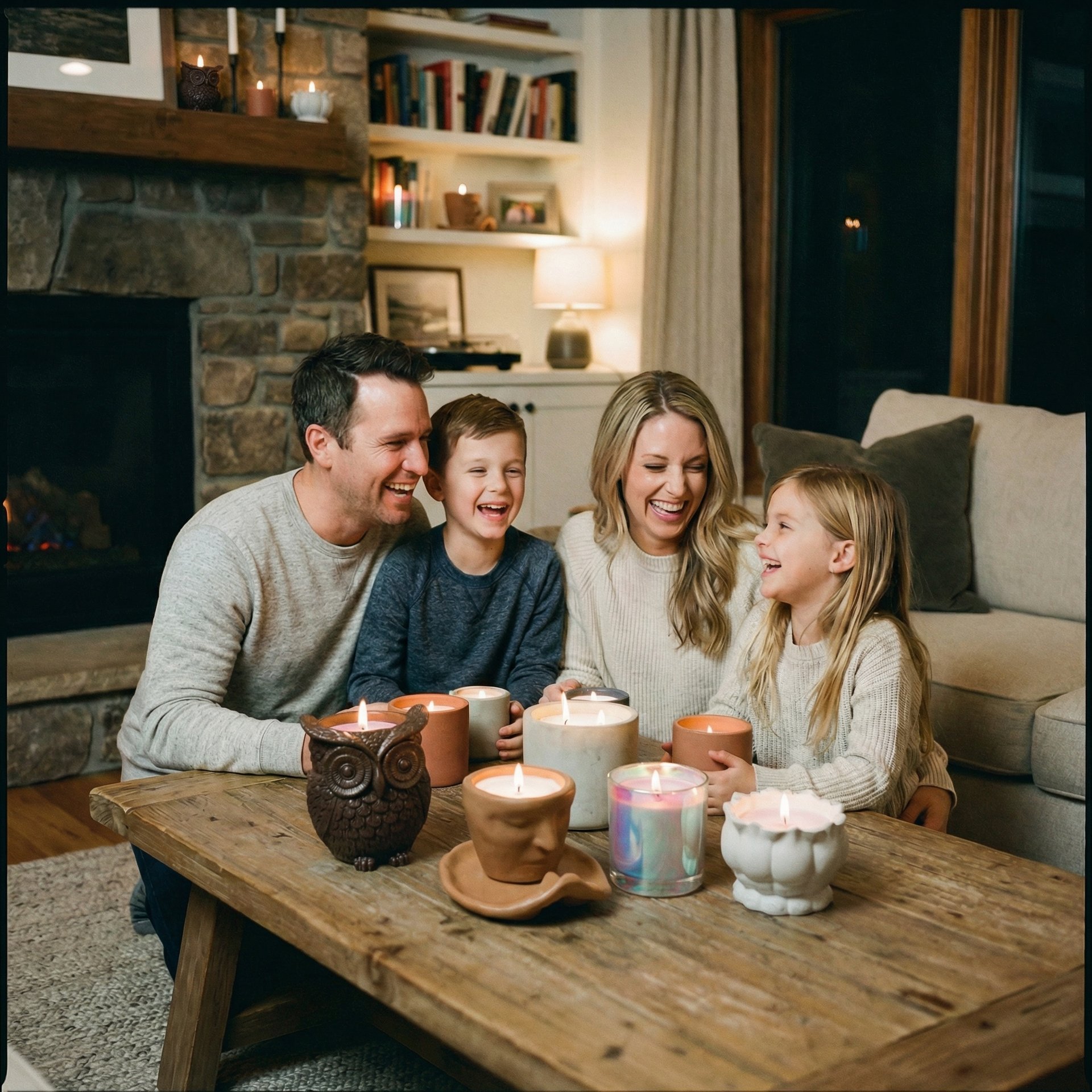 Happy family relaxing in cozy living room surrounded by ambiance from jar candles placed on the table.