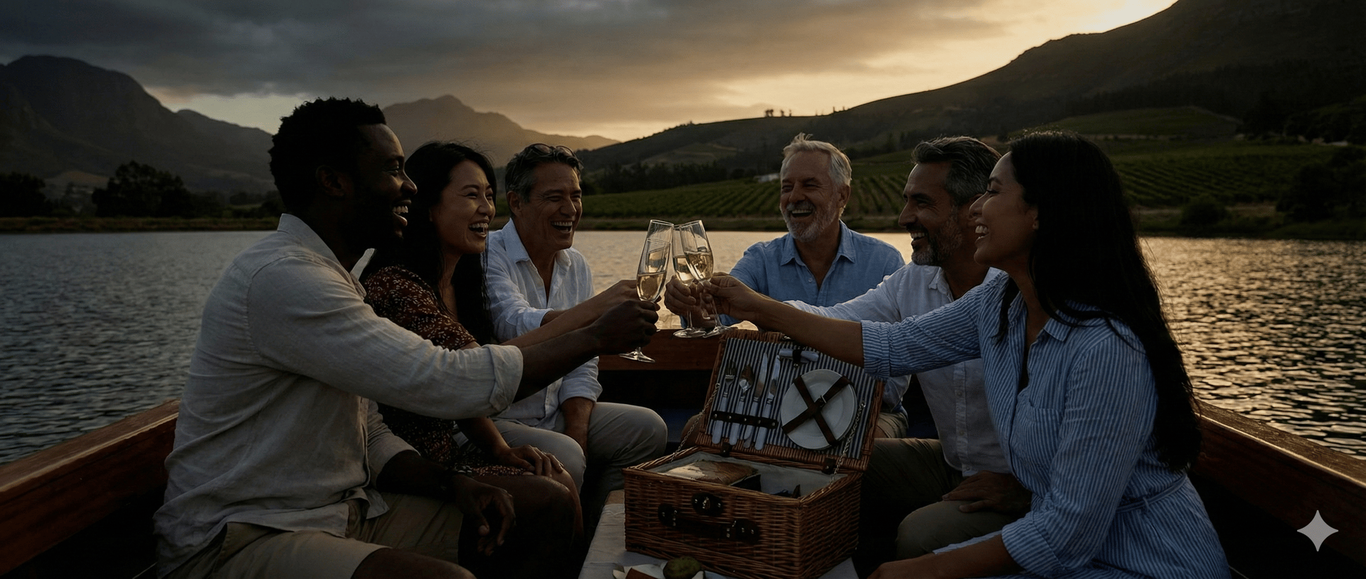 four person hands wrap around shoulders while looking at sunset