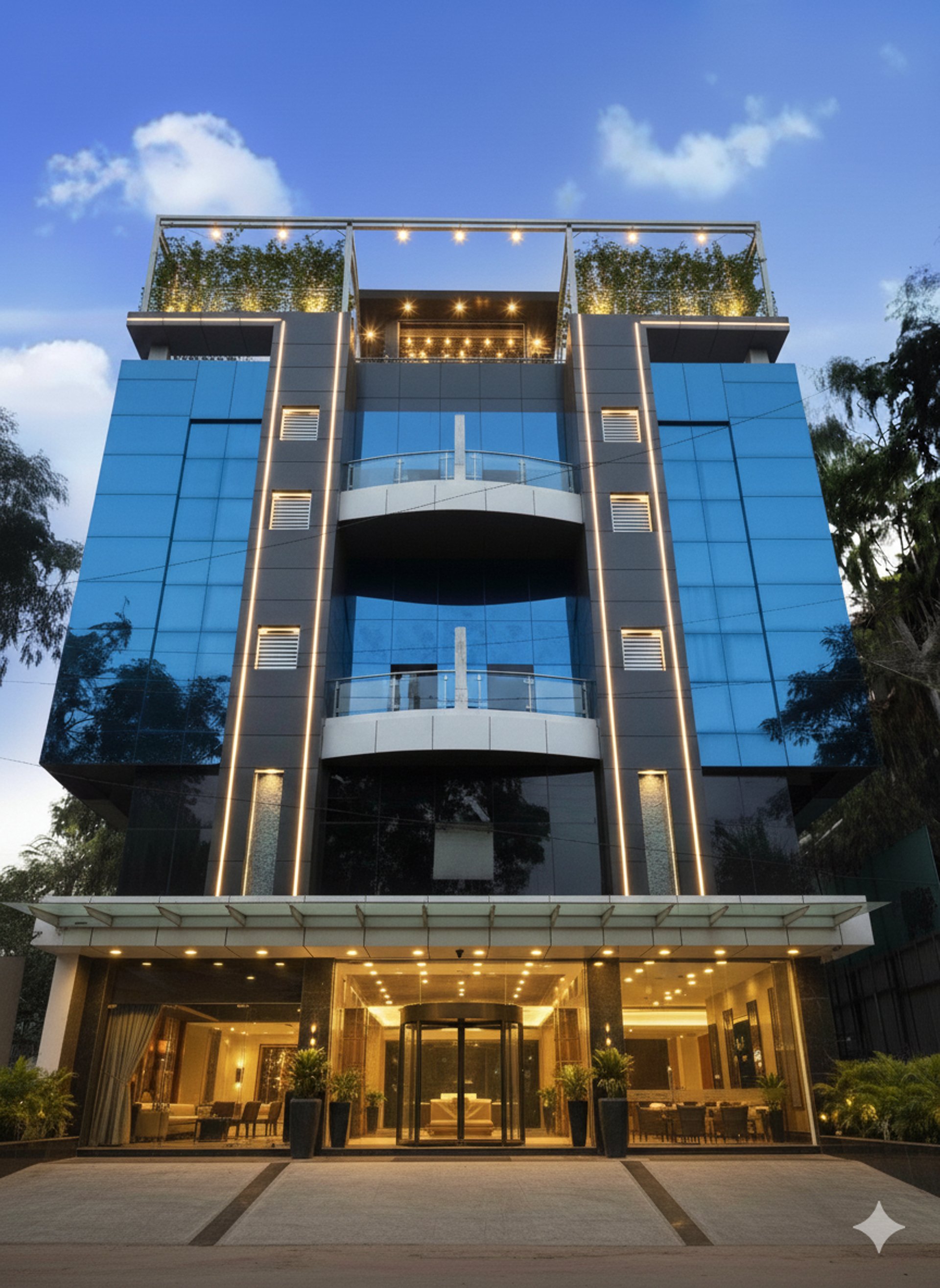 an abstract photo of a curved building with a blue sky in the background