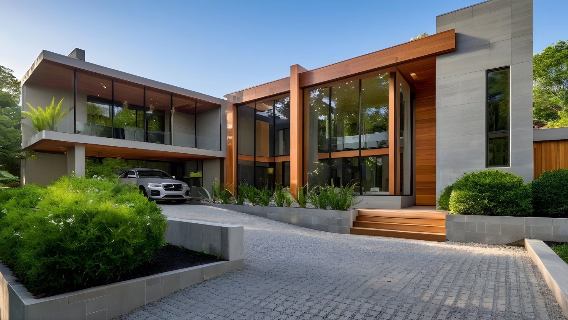 an abstract photo of a curved building with a blue sky in the background