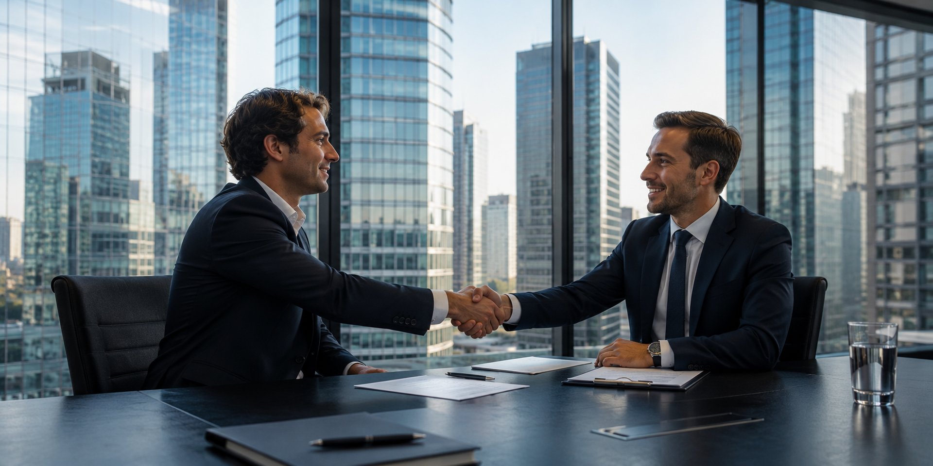 two people shaking hands in front of a laptop