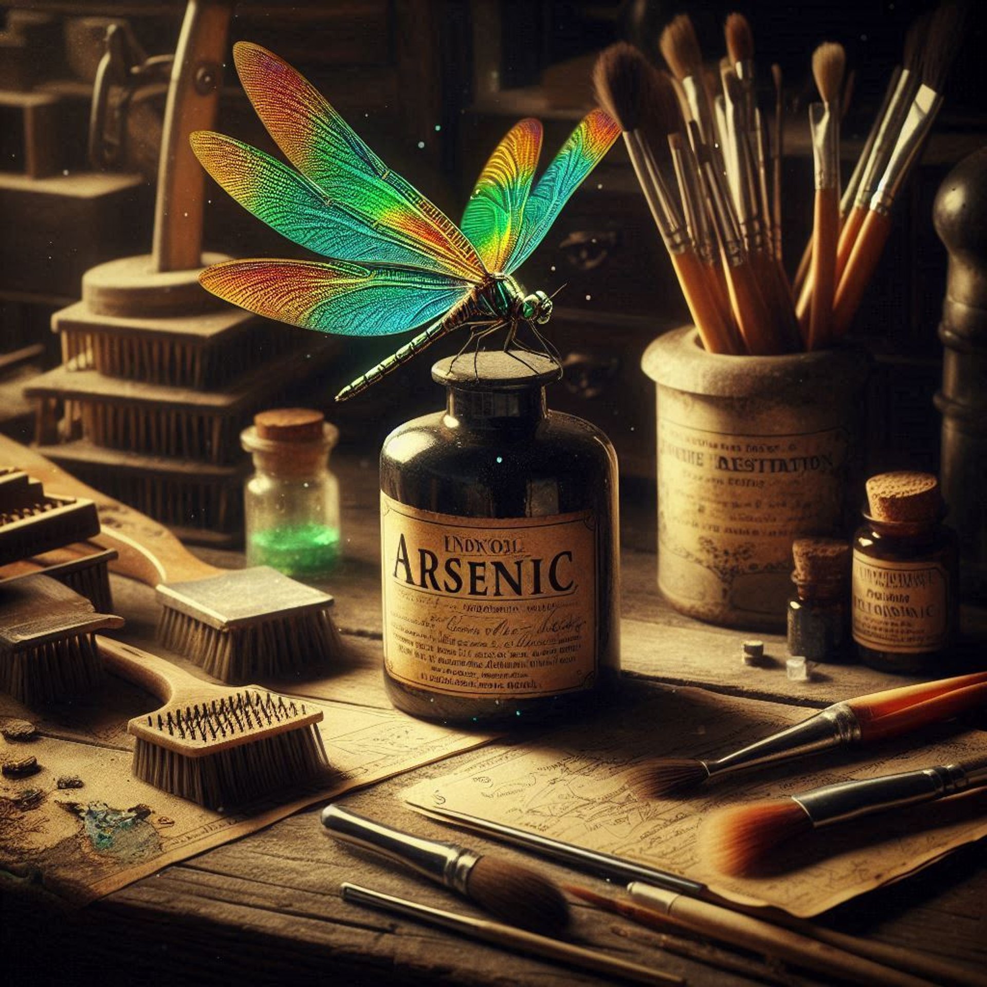 Une libellule sur une bouteille d'arsenic