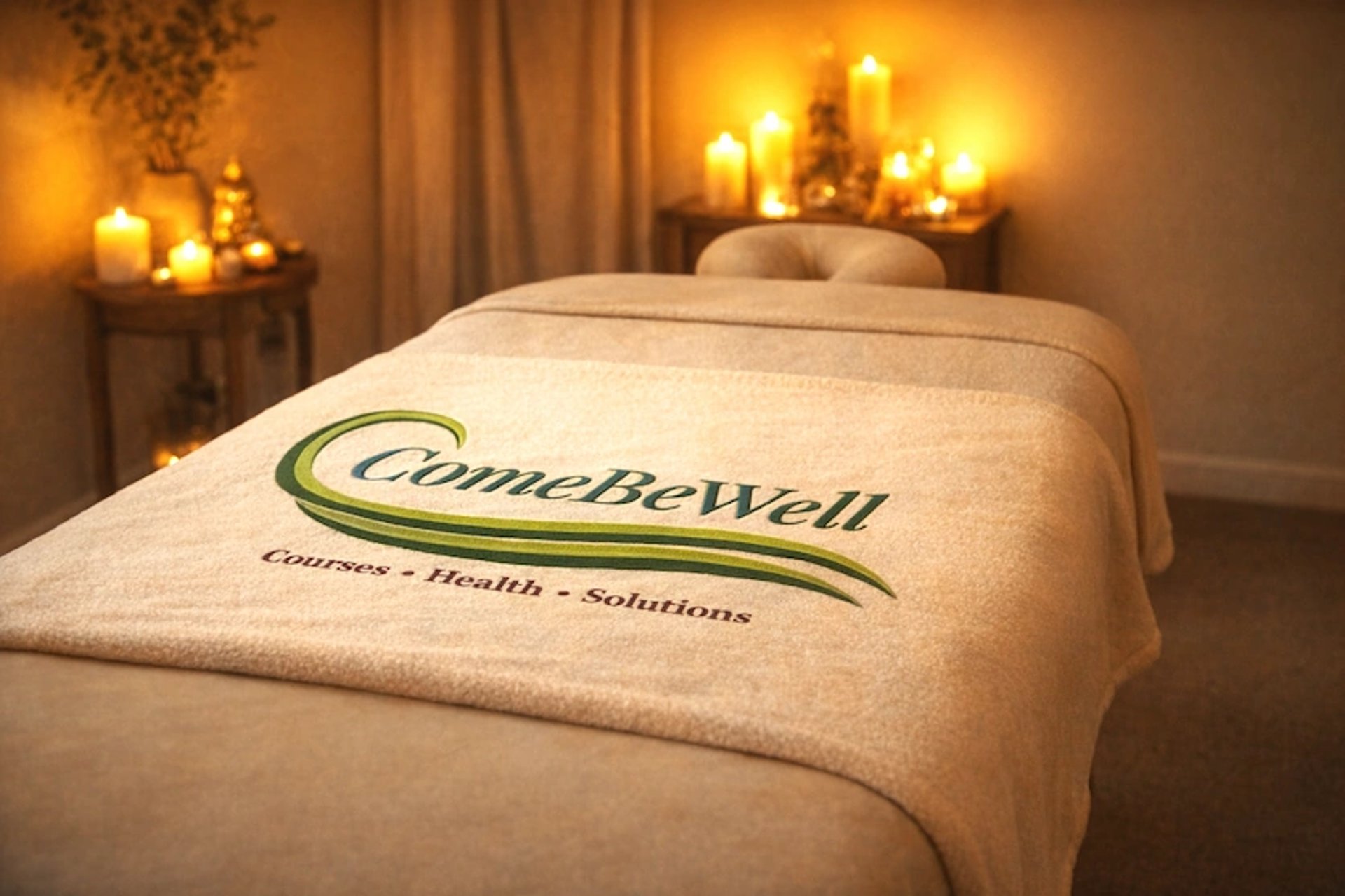 Candlelit healing room with a massage table draped in softness, inviting rest and renewal