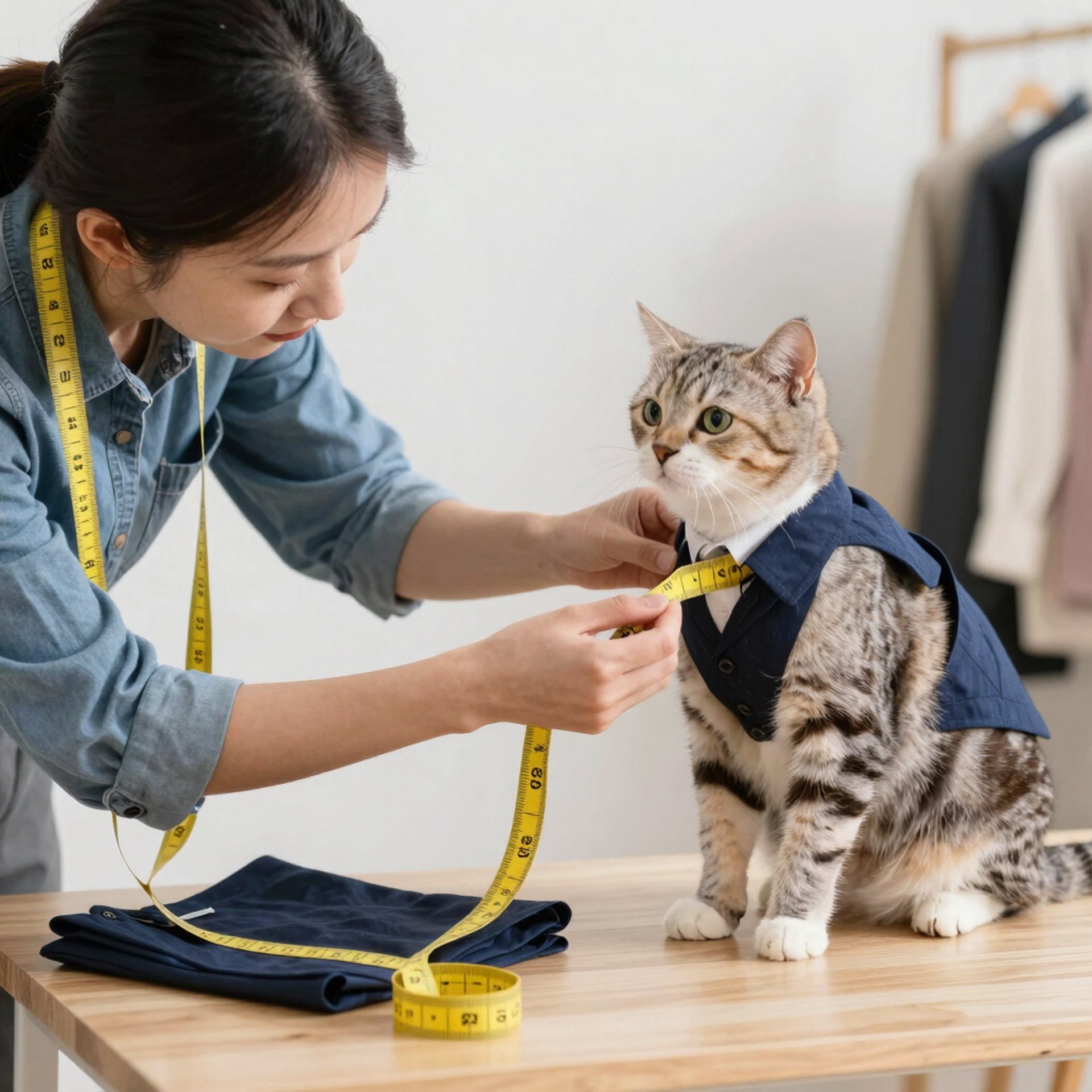 sastre tomado medidas a un gato que quiere un traje