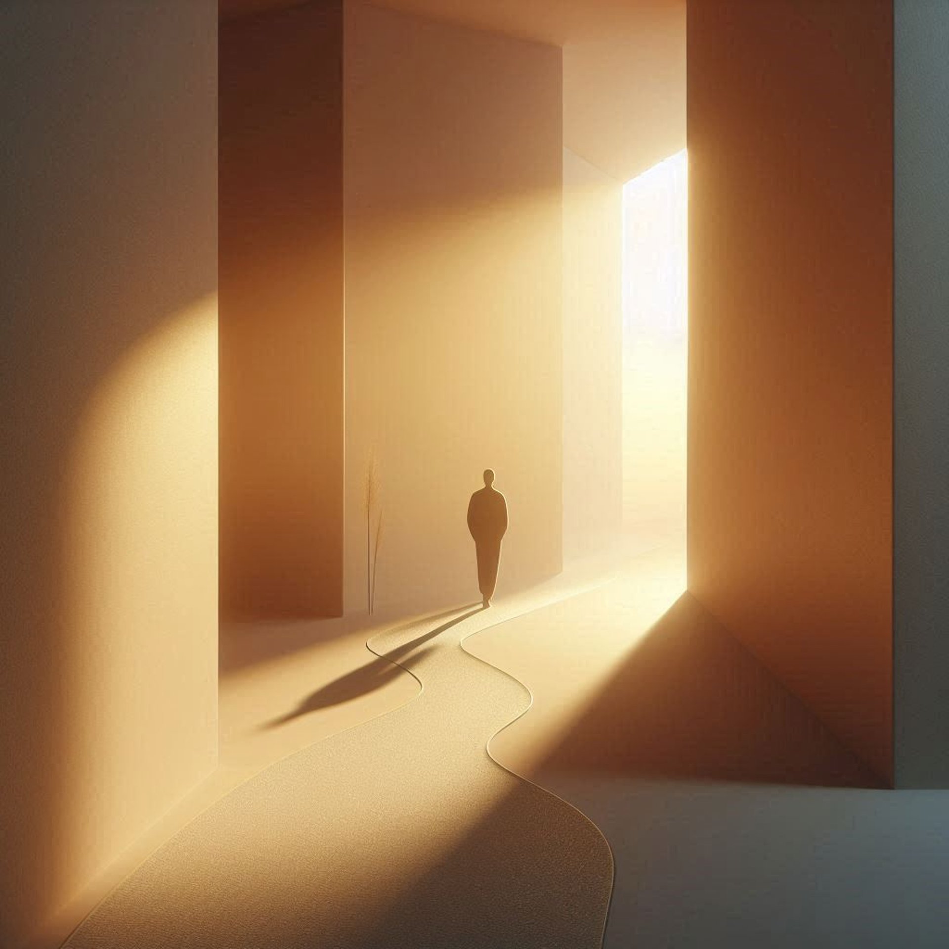 Persona caminando por un sendero al atardecer, avanzando de la sombra hacia una luz más clara.