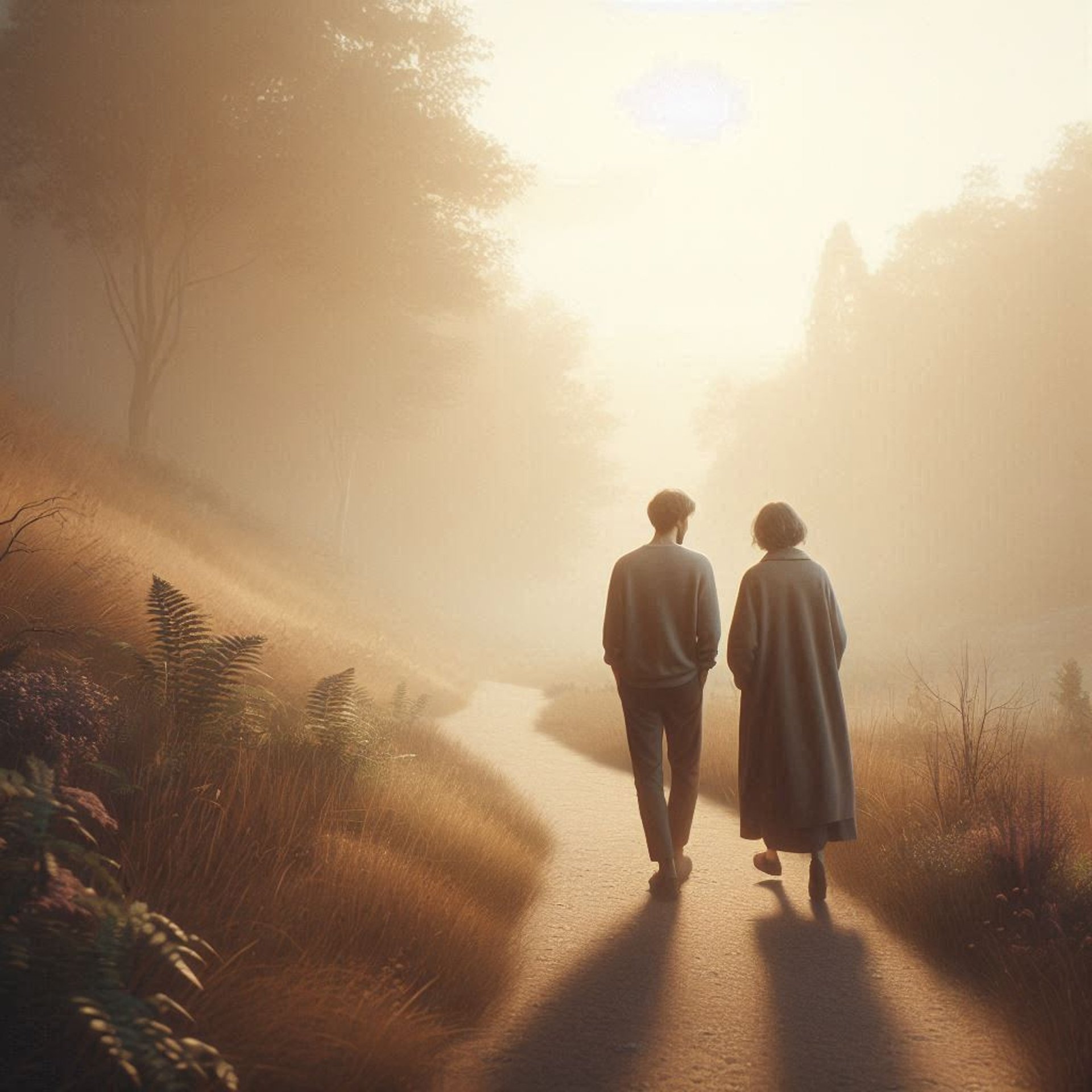 Dos personas caminando juntas por un camino natural, en actitud tranquila y respetuosa.