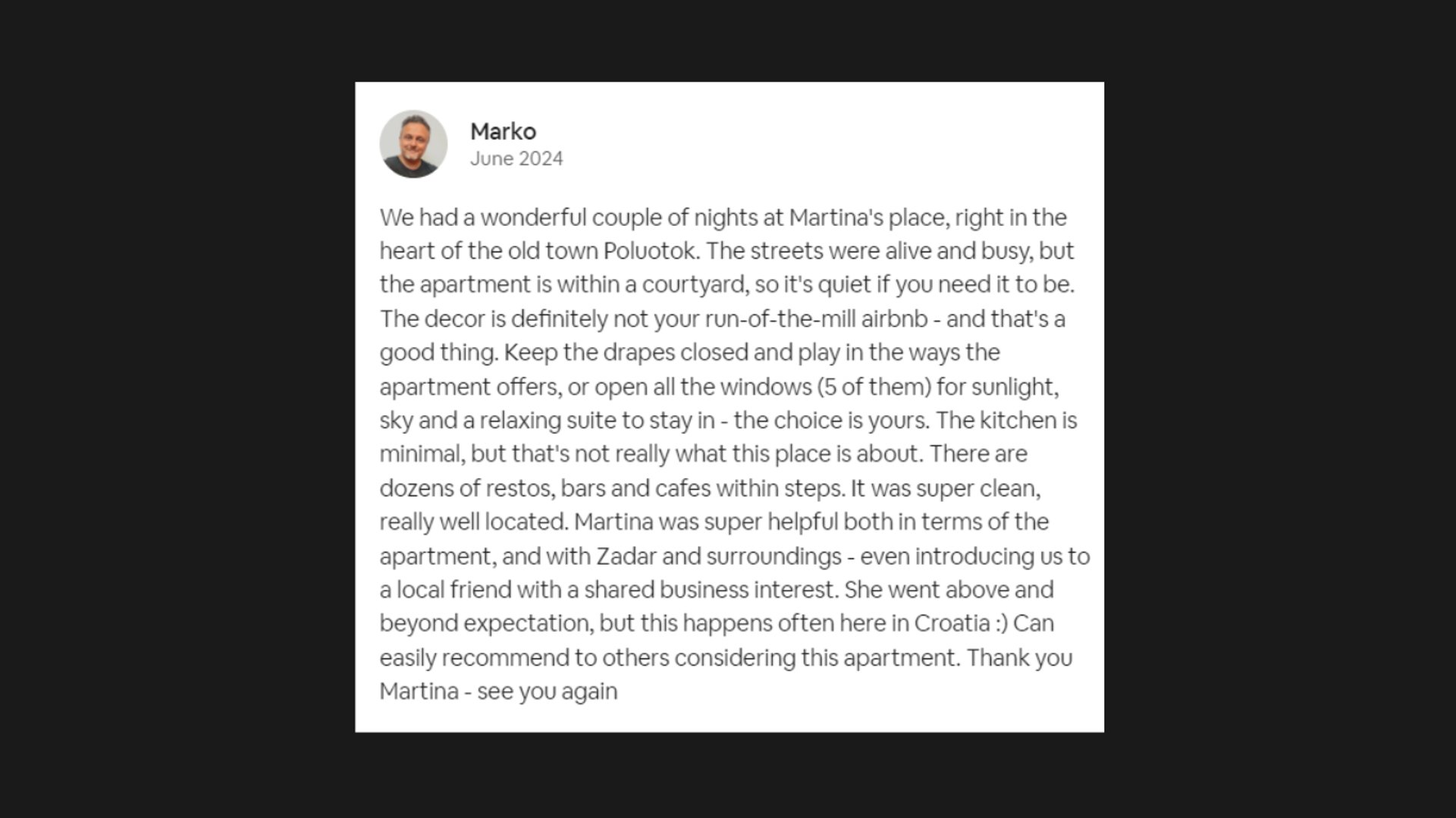 Photo shows a review from Airbnb. Made by Marko, about great stay in Zadar, in Pleasure Palace. BDSM Love Apartment.