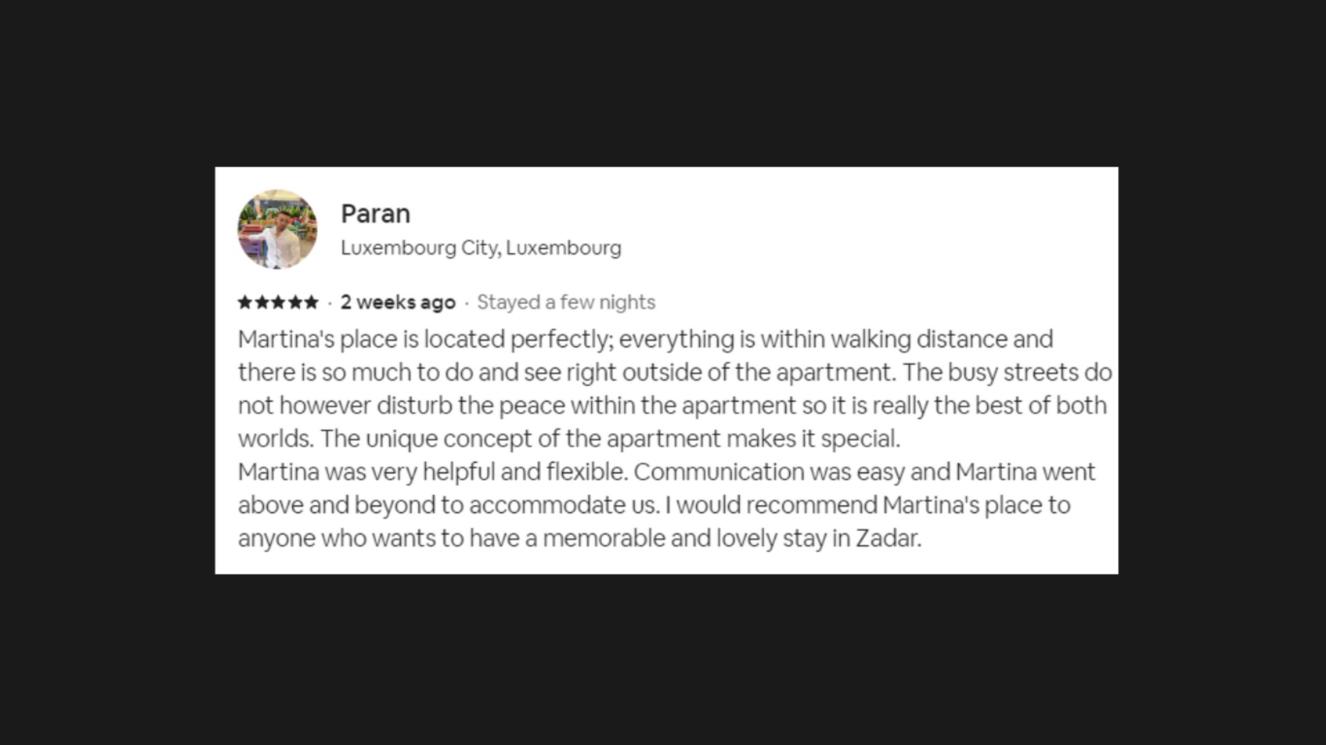 The photo sows a review from a past guest in the Pleasure Palace BDSM Love Apartment, named Paran.