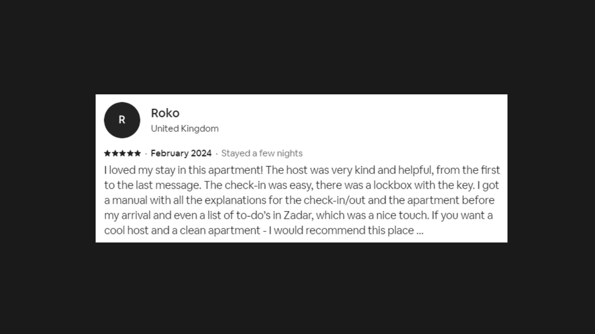 The photo sows a review from a past guest in the Pleasure Palace BDSM Love Apartment, named Roko.