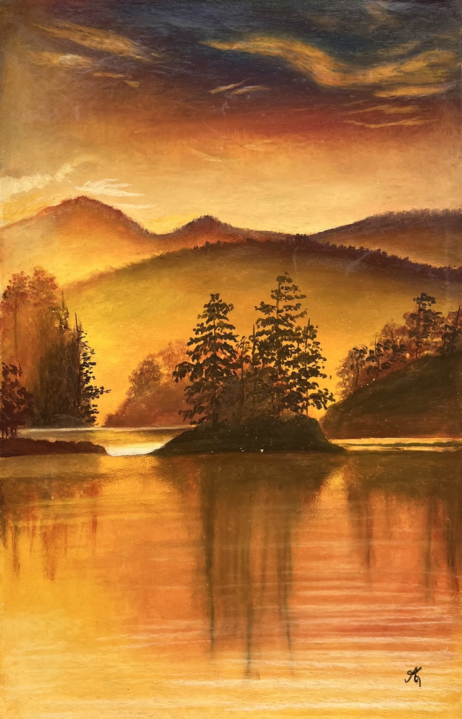 Golden hour light reflected on the still waters of a lake with a small island and hills. Original painting Geeta Arya