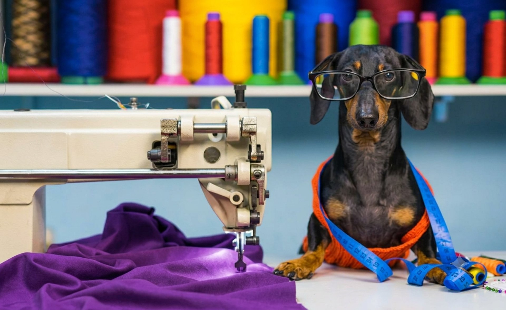 perro salchicha con maquina de coser y tela morada