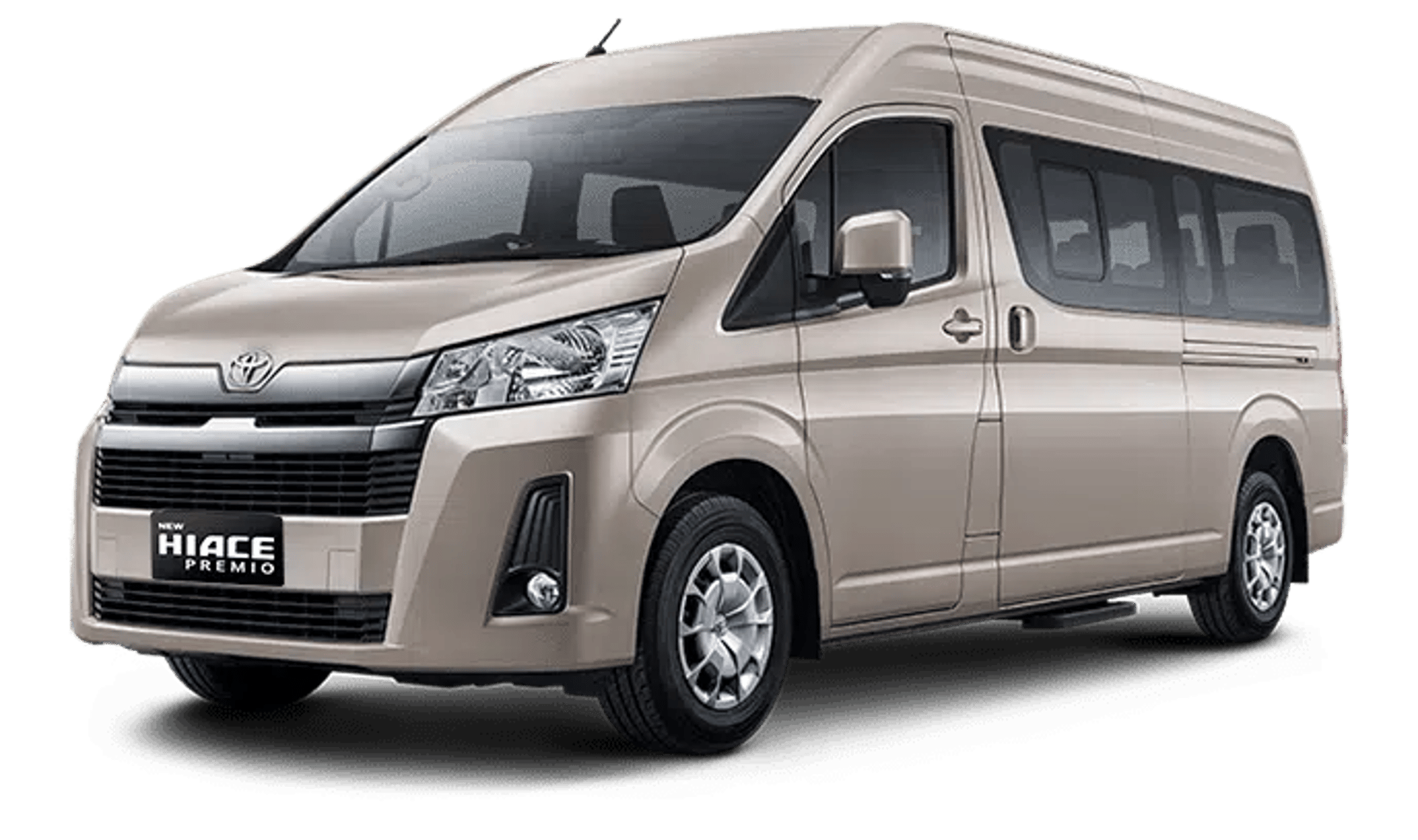 Lima orang laki-laki dewasa sedang menaikkan bagasi ke mobil Hiace warna putih.