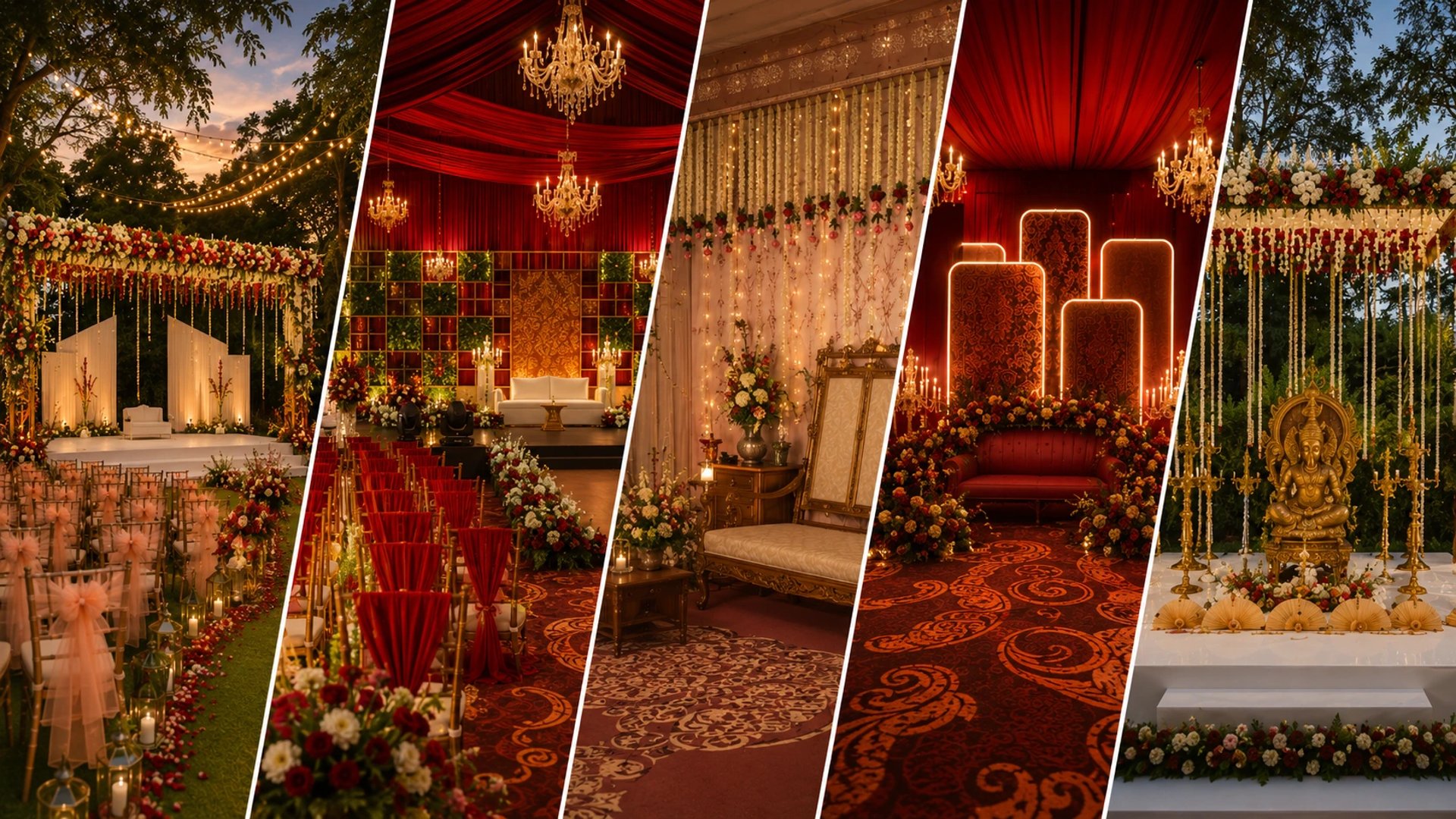 Decorated wedding arch with floral aisle and seating