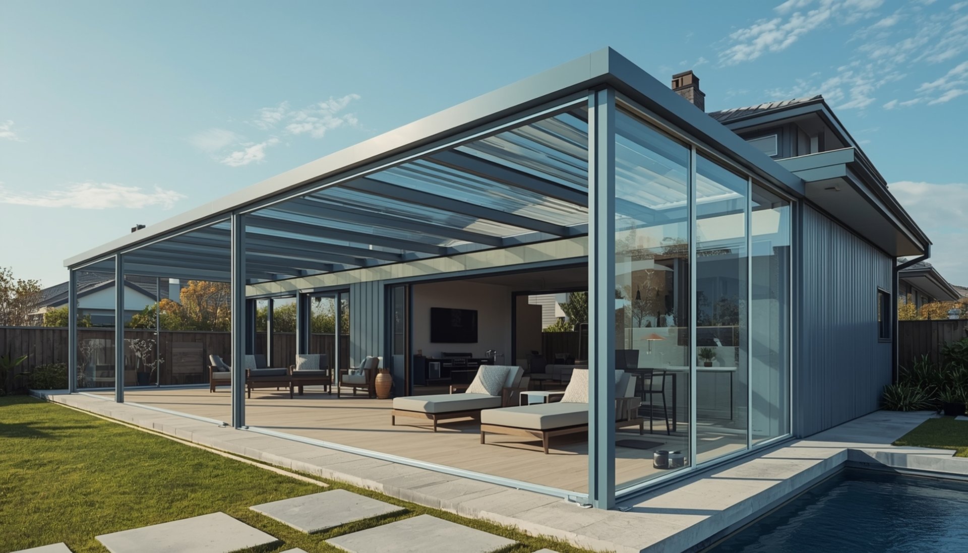 an abstract photo of a curved building with a blue sky in the background
