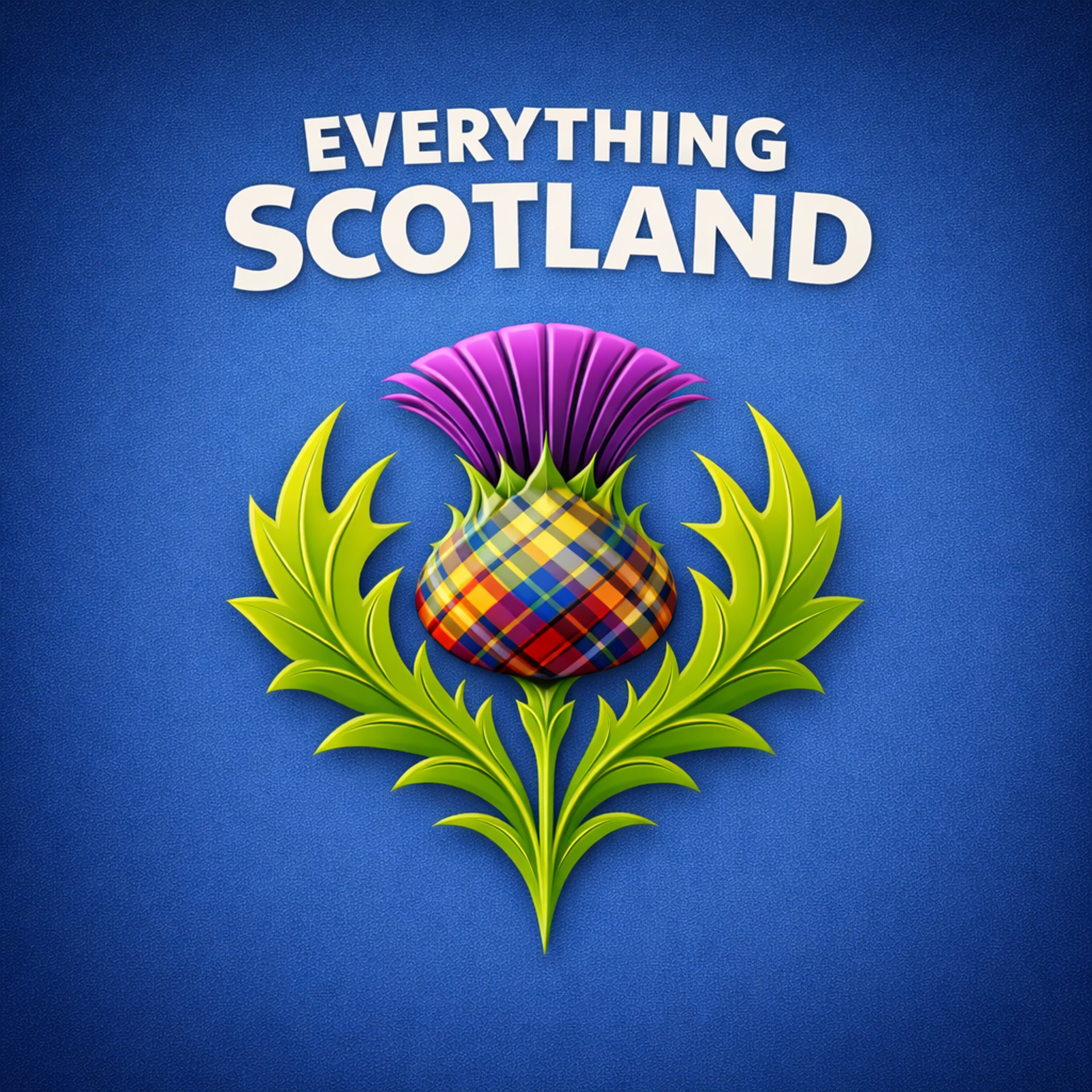 Colourful Thistle on a blue background with the words Everything Scotland above