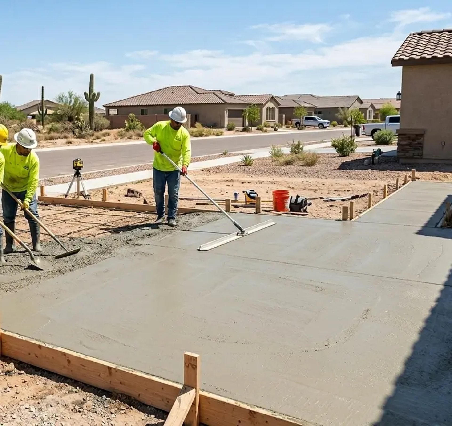 professional concrete crew smoothing a residential concrete slab in Buckeye, Arizona
