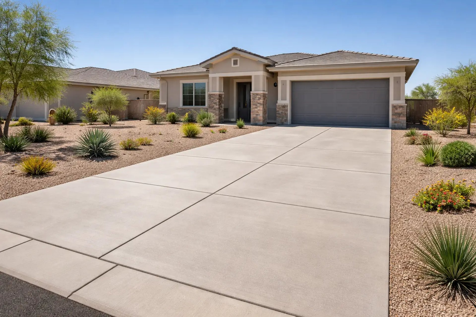 wide-angle view of a newly finished concrete driveway in front of a modern suburban home in Buckeye, Arizona