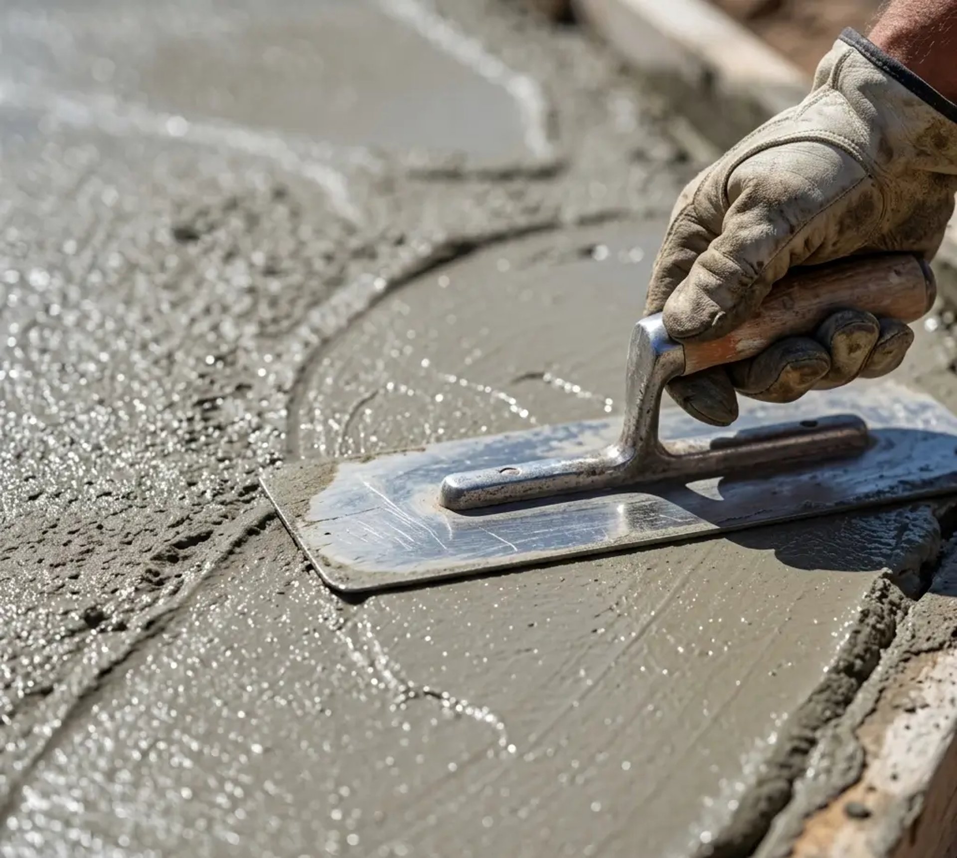 close-up of a concrete finisher smoothing wet concrete with a hand trowel,