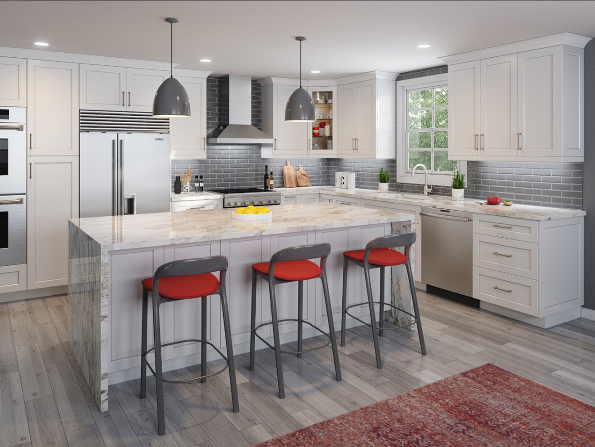 brown wooden seat beside white wooden kitchen cabinet