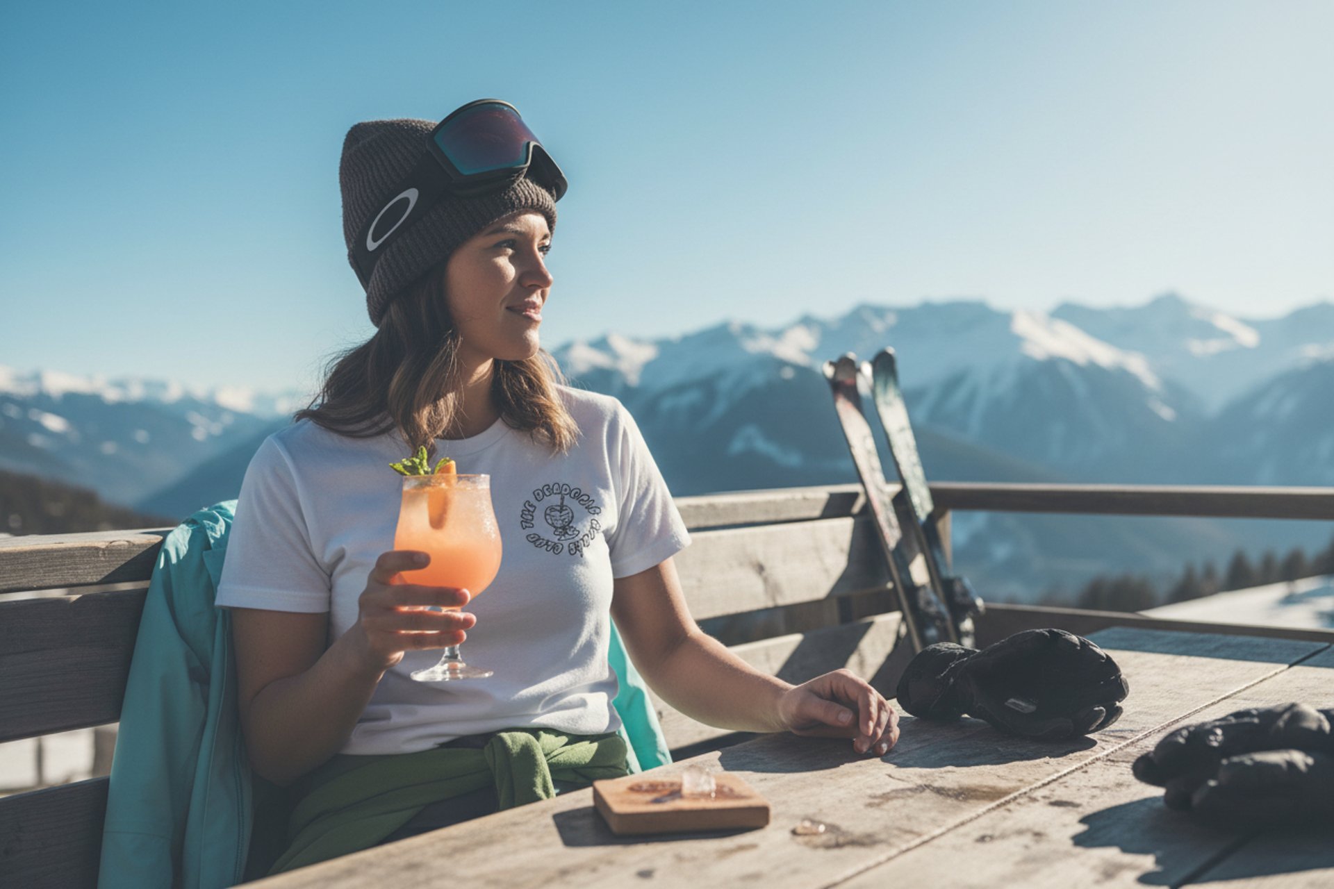 Après-ski mountain lifestyle featuring Dead Cold ski brand t-shirt