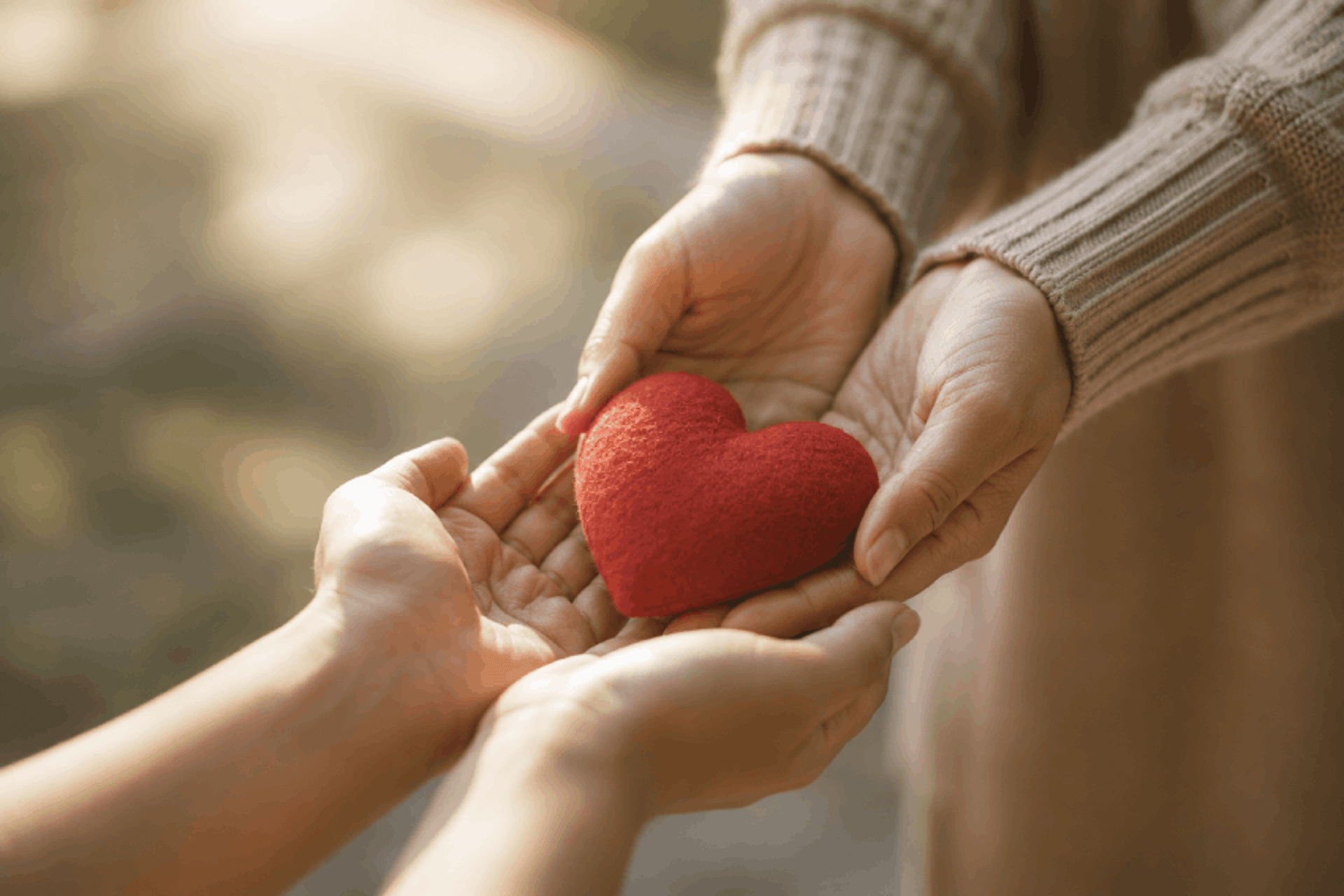 Plano de unas manos con un corazón de tela, simbolizando amor, apoyo y caridad.