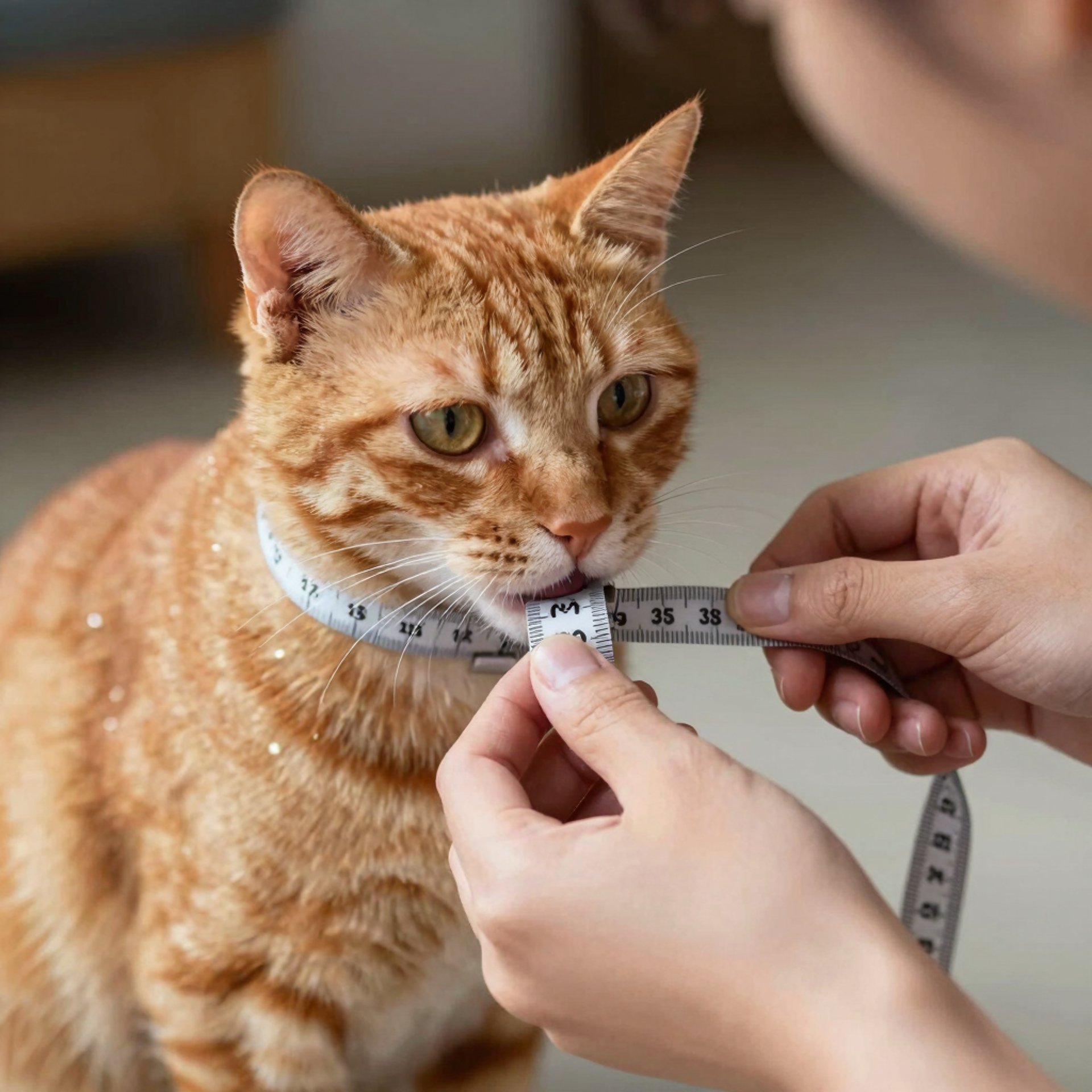 Persona con cinta métrica tomándole medidas a un gato naranja