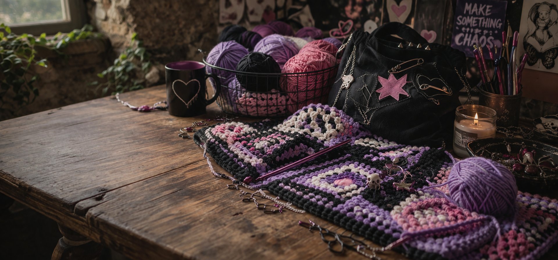 A crocheted blanket and a crochet kit on a bed