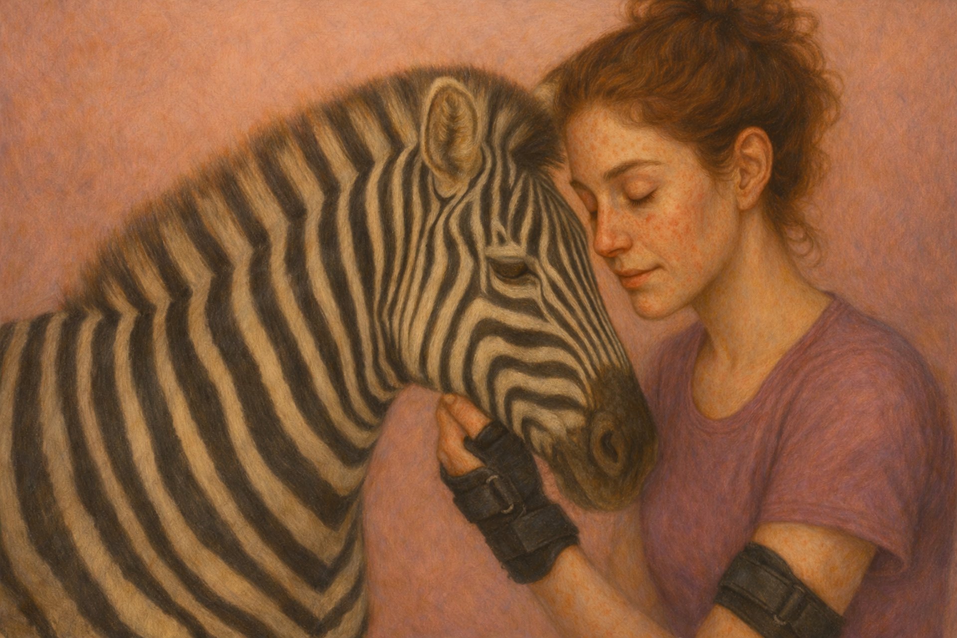 Girl on right with wrist and arm braces hugging a zebra's face on the left 