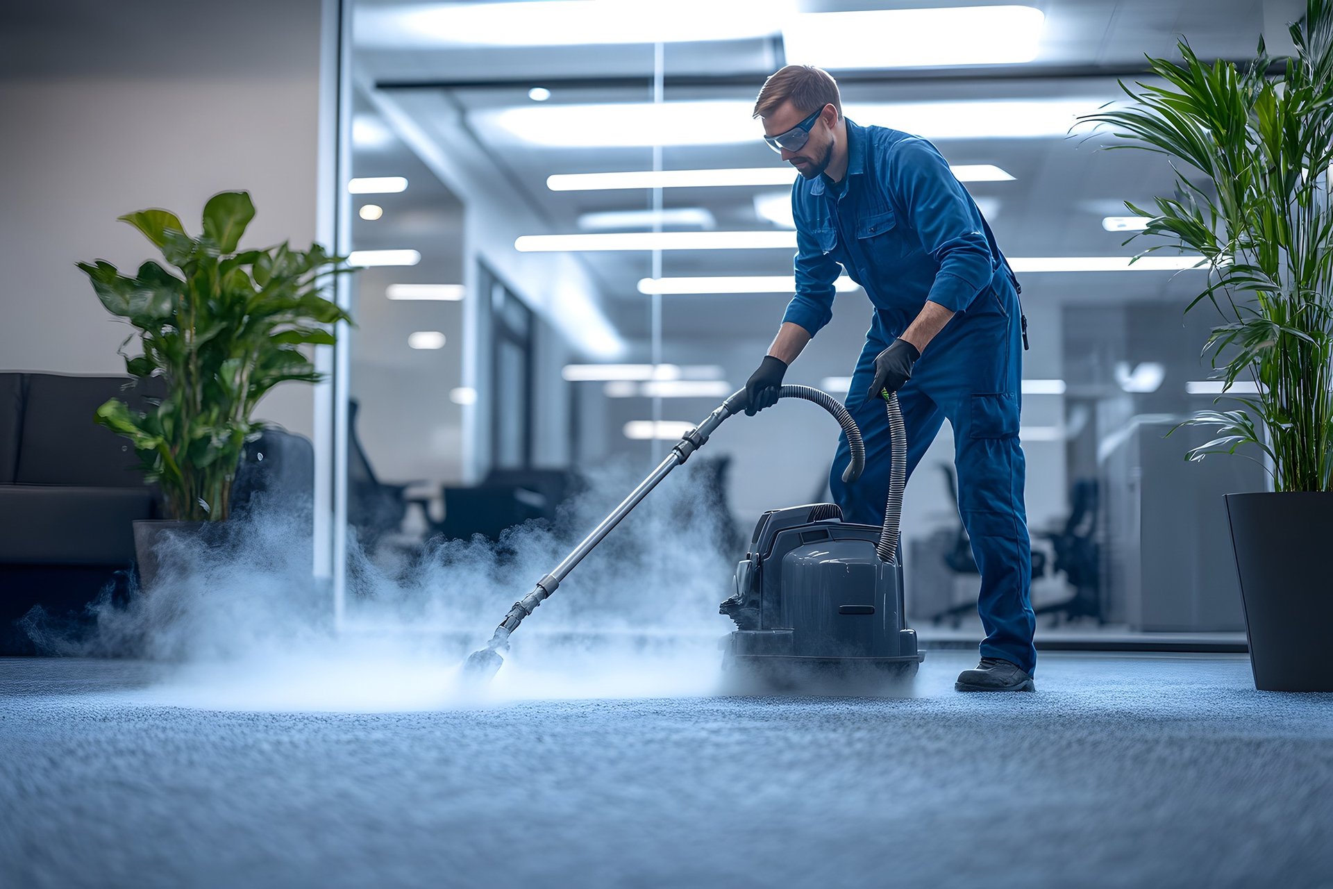 A person in yellow gloves and blue gloves cleaning a floor