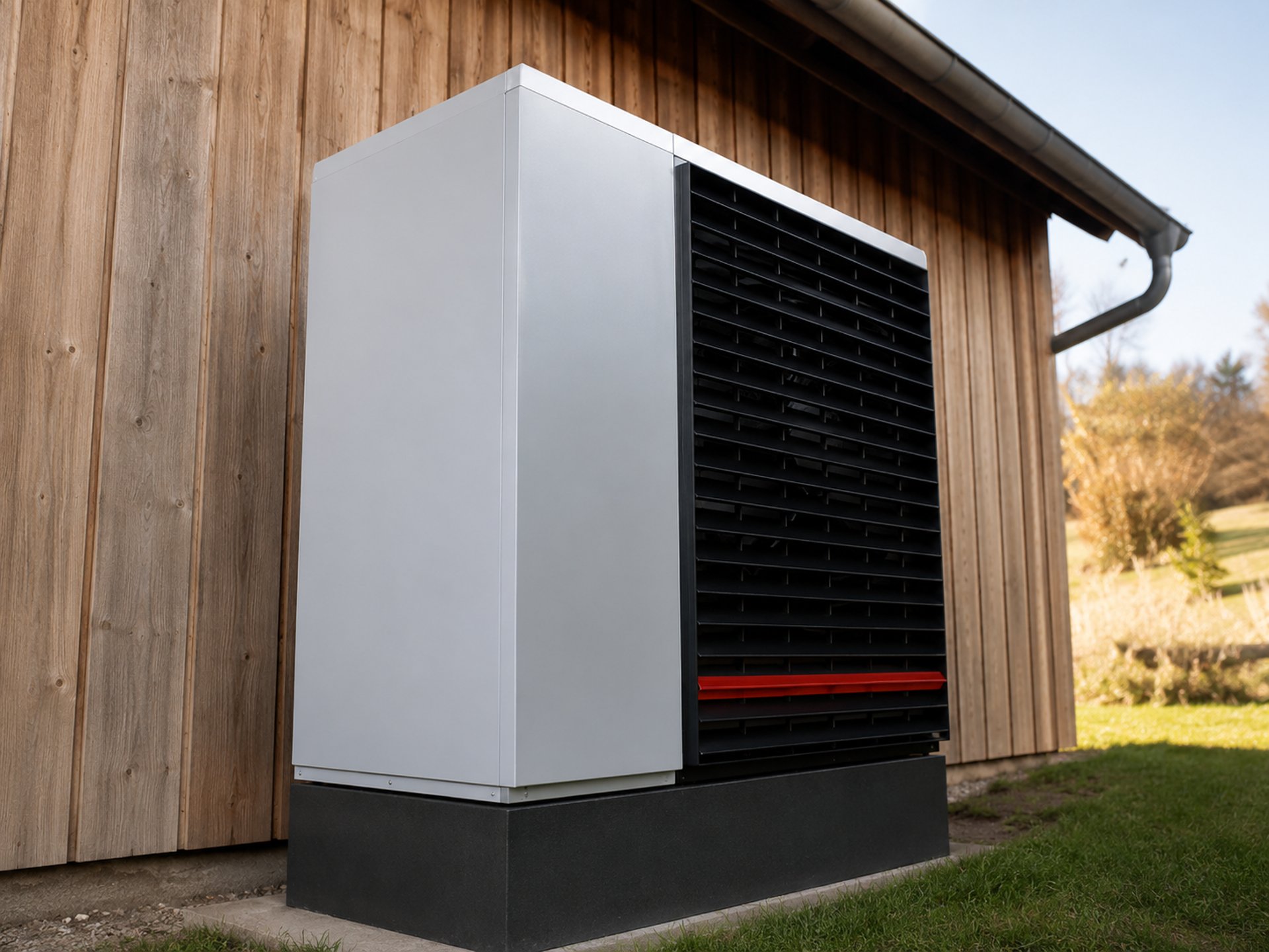 a white air conditioner sitting in front of a building