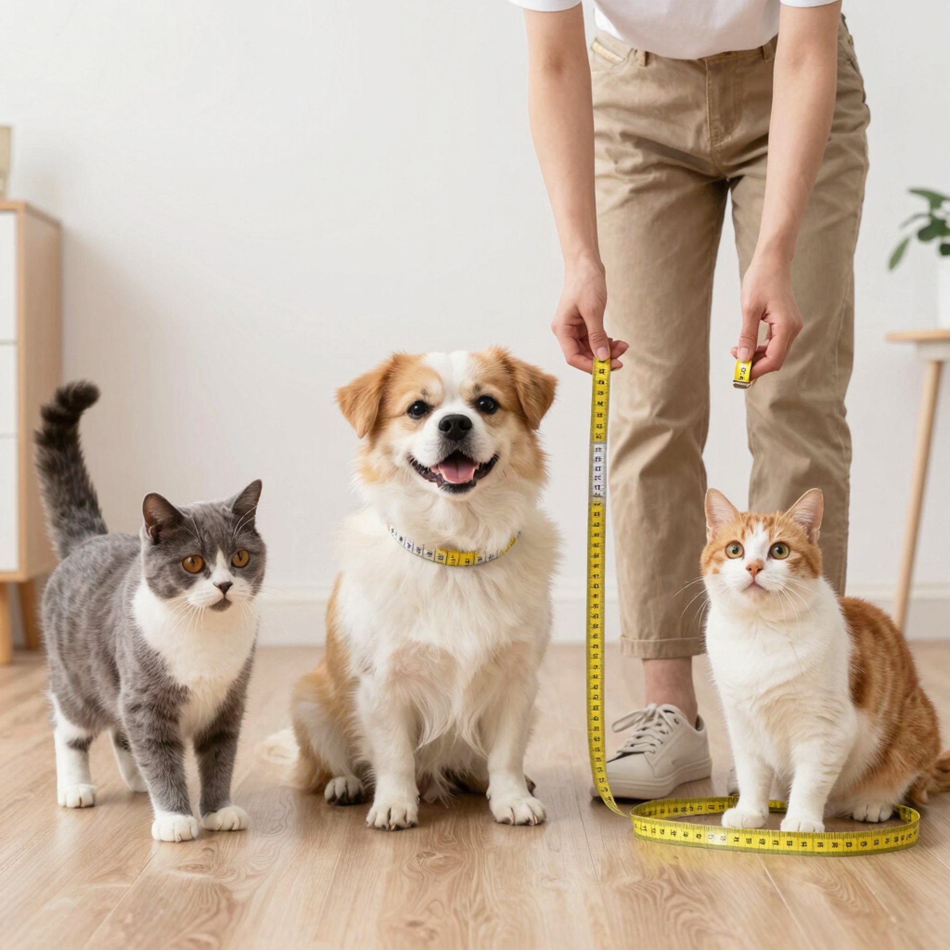 Una persona con cintas de medir midiendo a perro y gatos