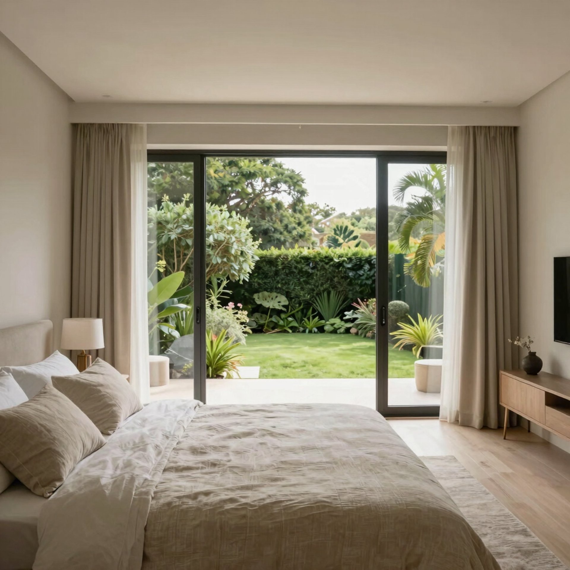 a bedroom with a bed and a night stand
