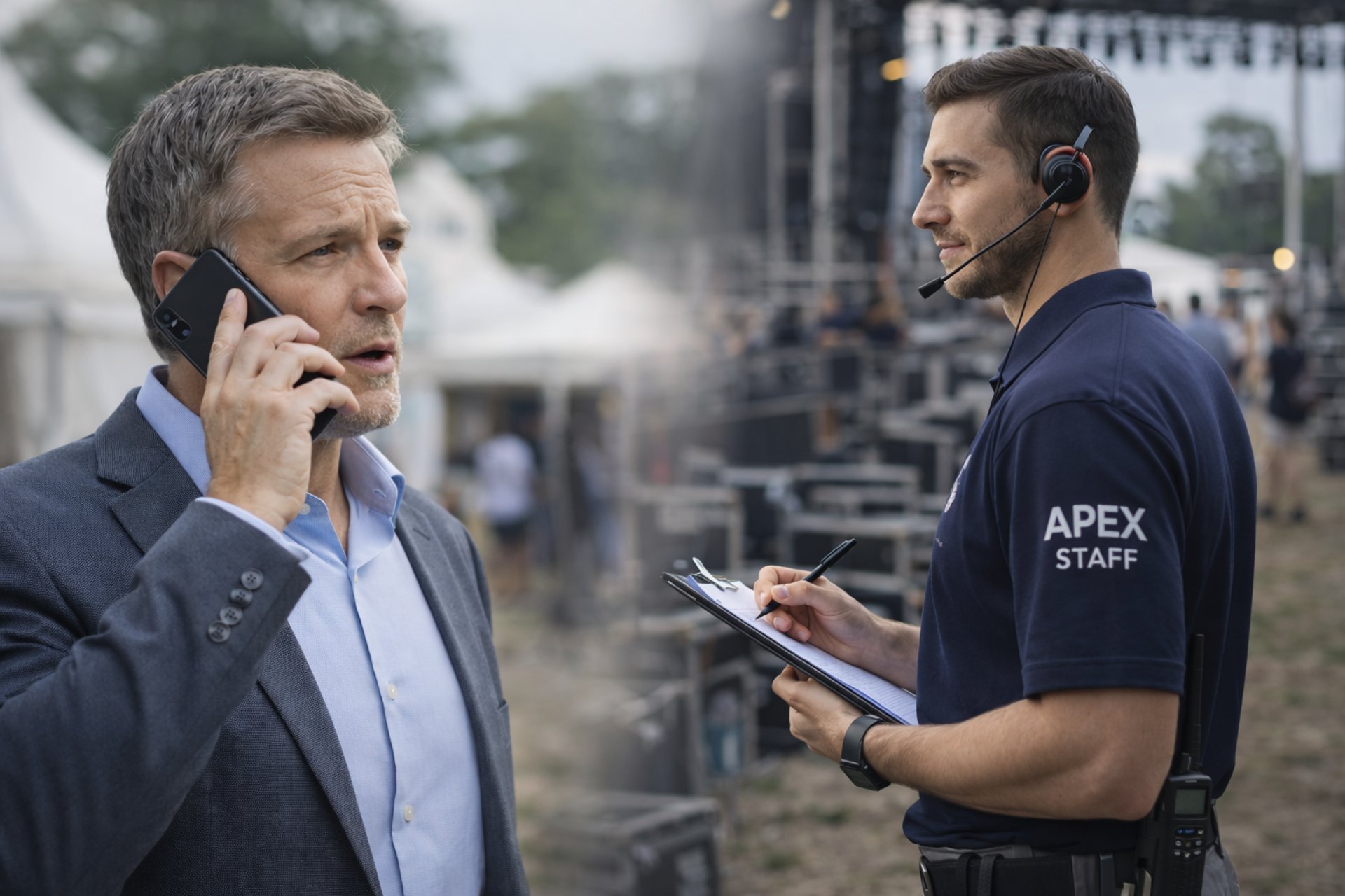 Security guard watches over a gathering under a tent