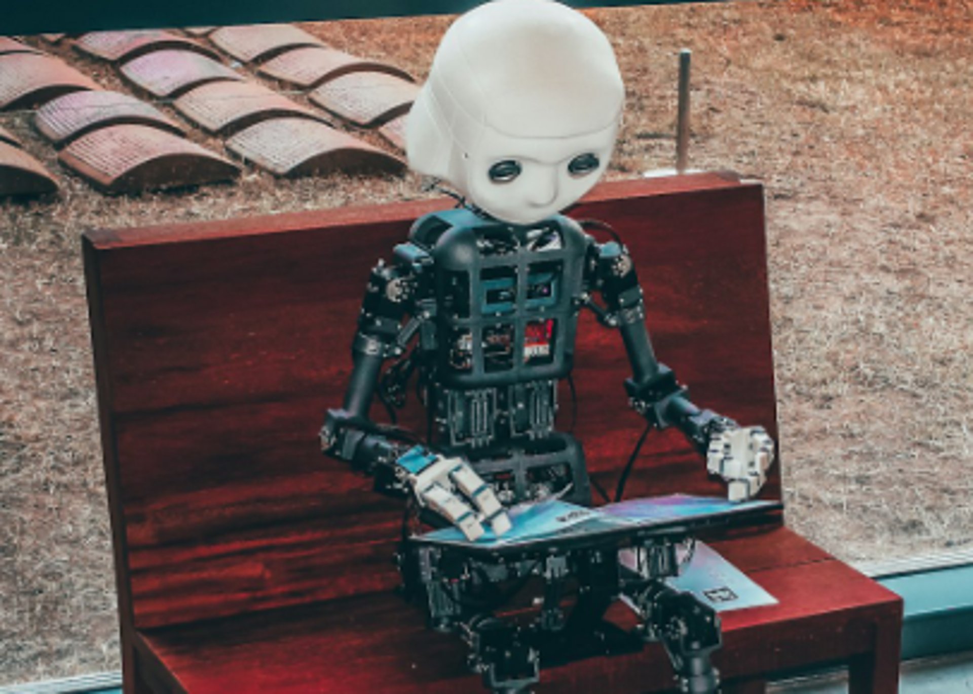 black and white robot toy on red wooden table