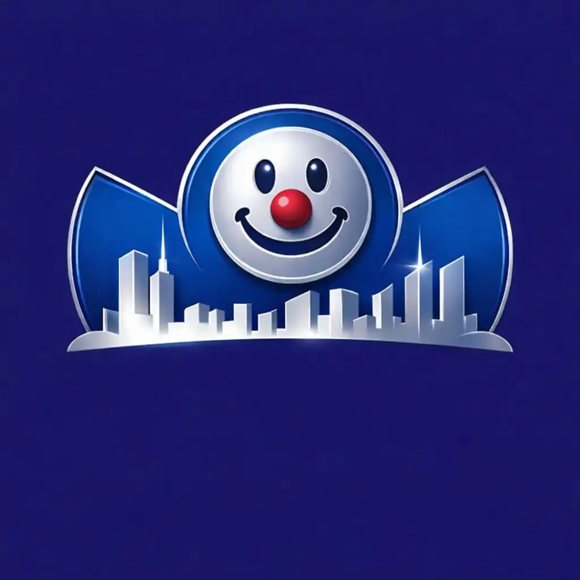 Logo Smile and Just Be Happy with a smiling face above a modern city skyline, symbolizing positivity joy feel-good lifestyle